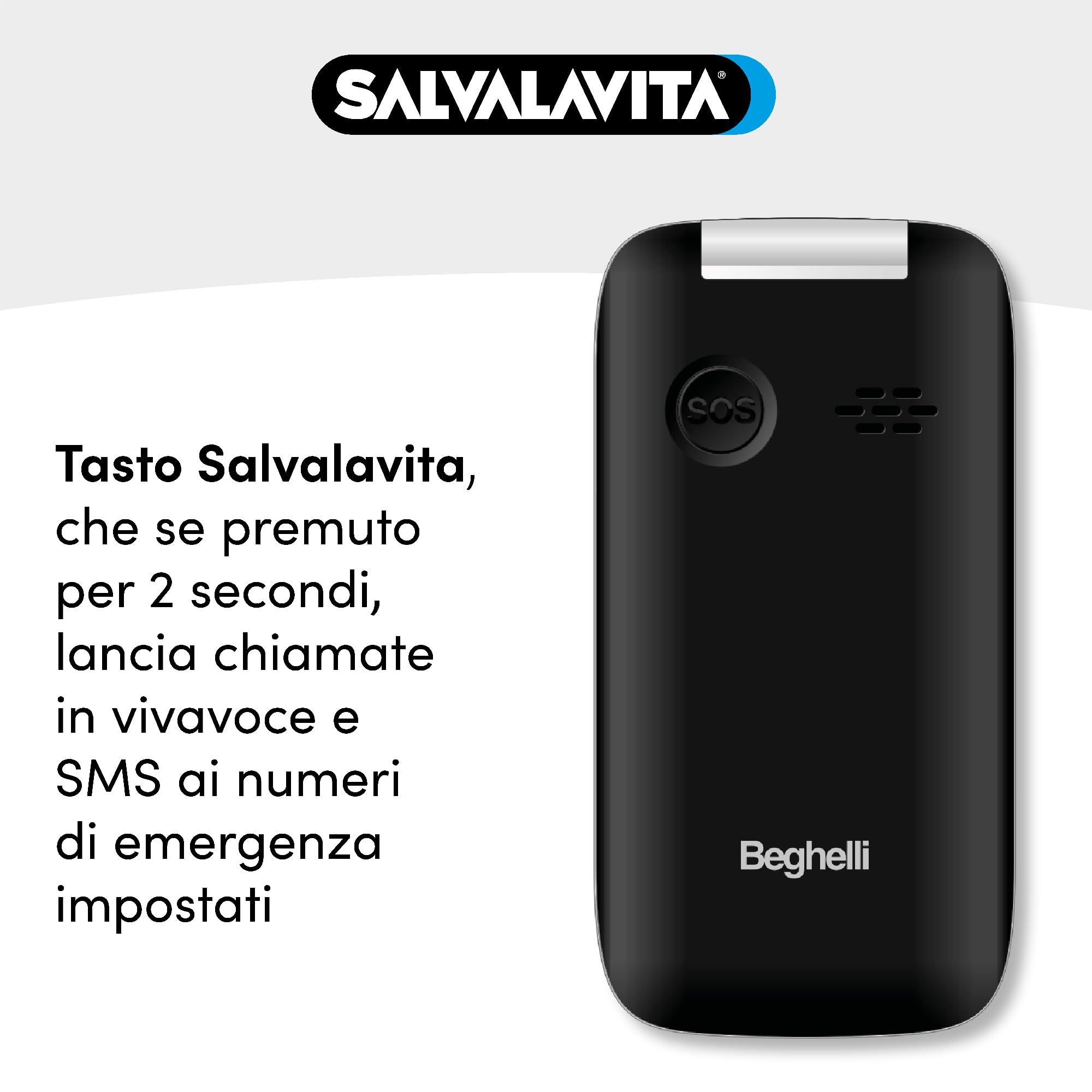 Beghelli Telefono Salvavita per Anziani, Salvalavita Phone SLV20N Lite Ecodesign - Tasti Grandi e Pulsante di Emergenza SOS, Sistema di Allarme per Anziani e Disabili (Colore Grigio)
