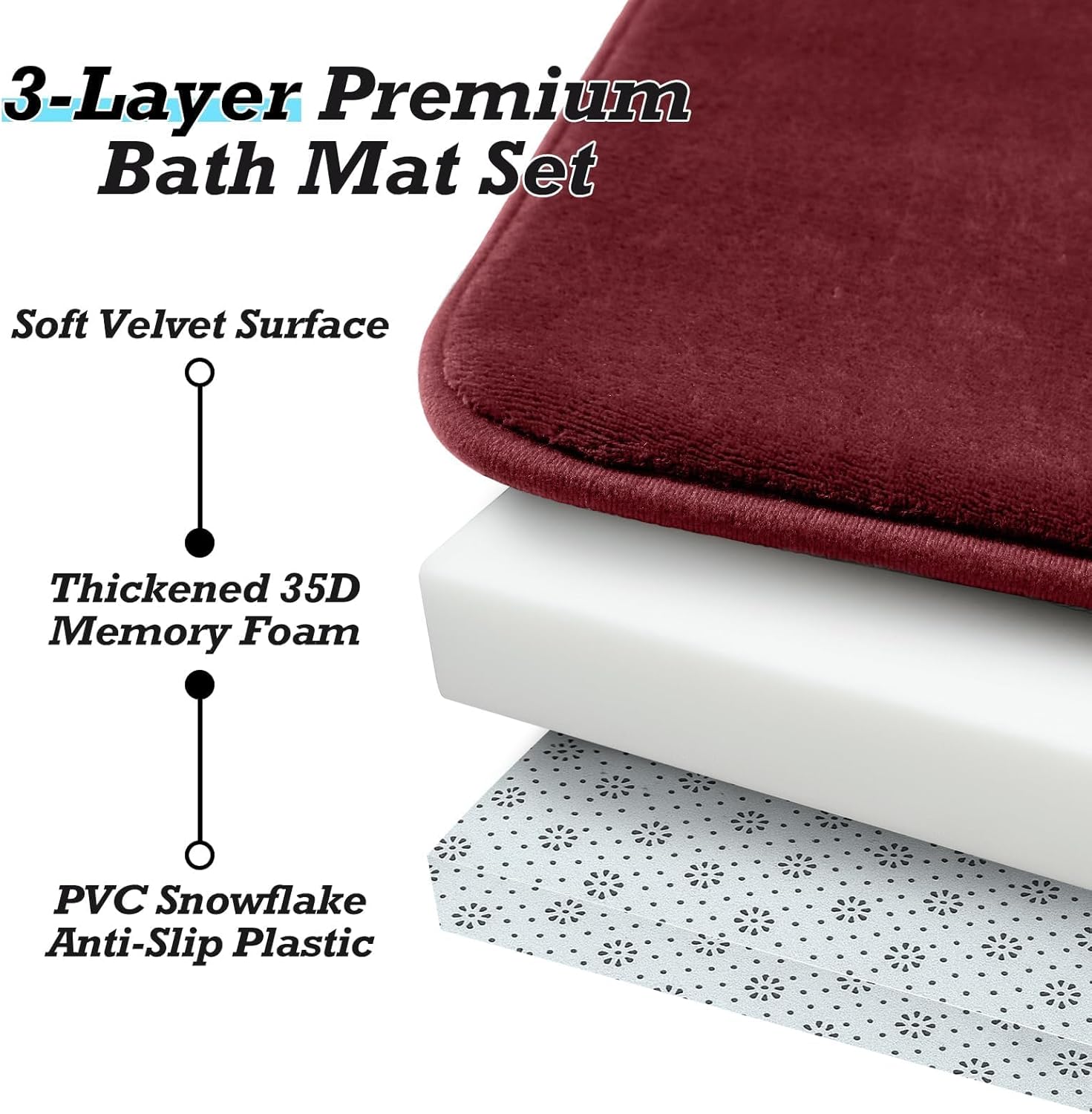 HUXMEYSON Bathroom Rugs Sets 3 Piece, Non-Slip & Quick Dry Bath Mat Set, Ultra Soft Velvet Bath Rugs for Bathroom, Toilet and Shower Floor, Red