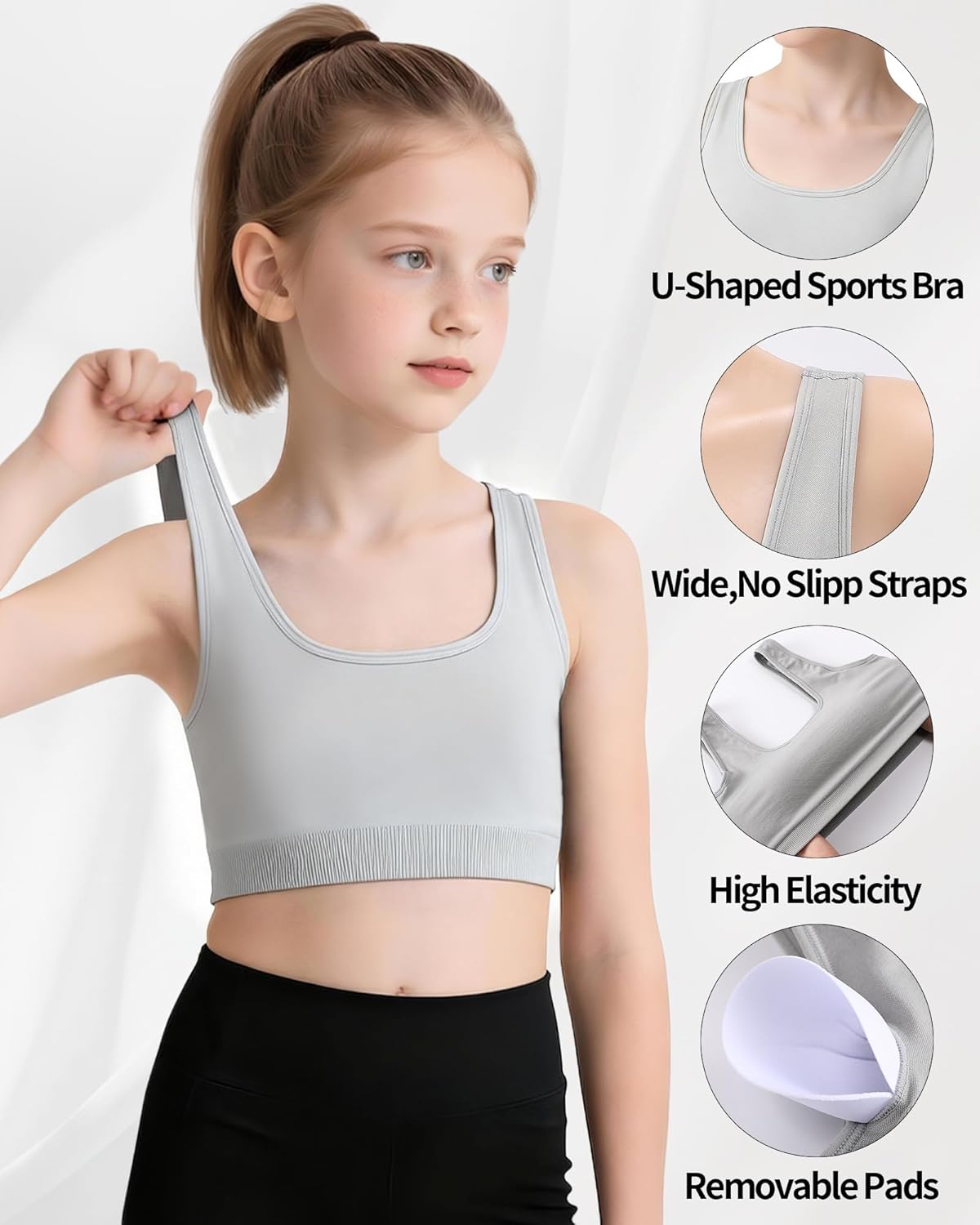 iMucci Sports Bra for Girls U-Shaped Training Bra with Removable Pads Scoop Neck for Teens Kids Yoga Sports Dance Bra - Image 4