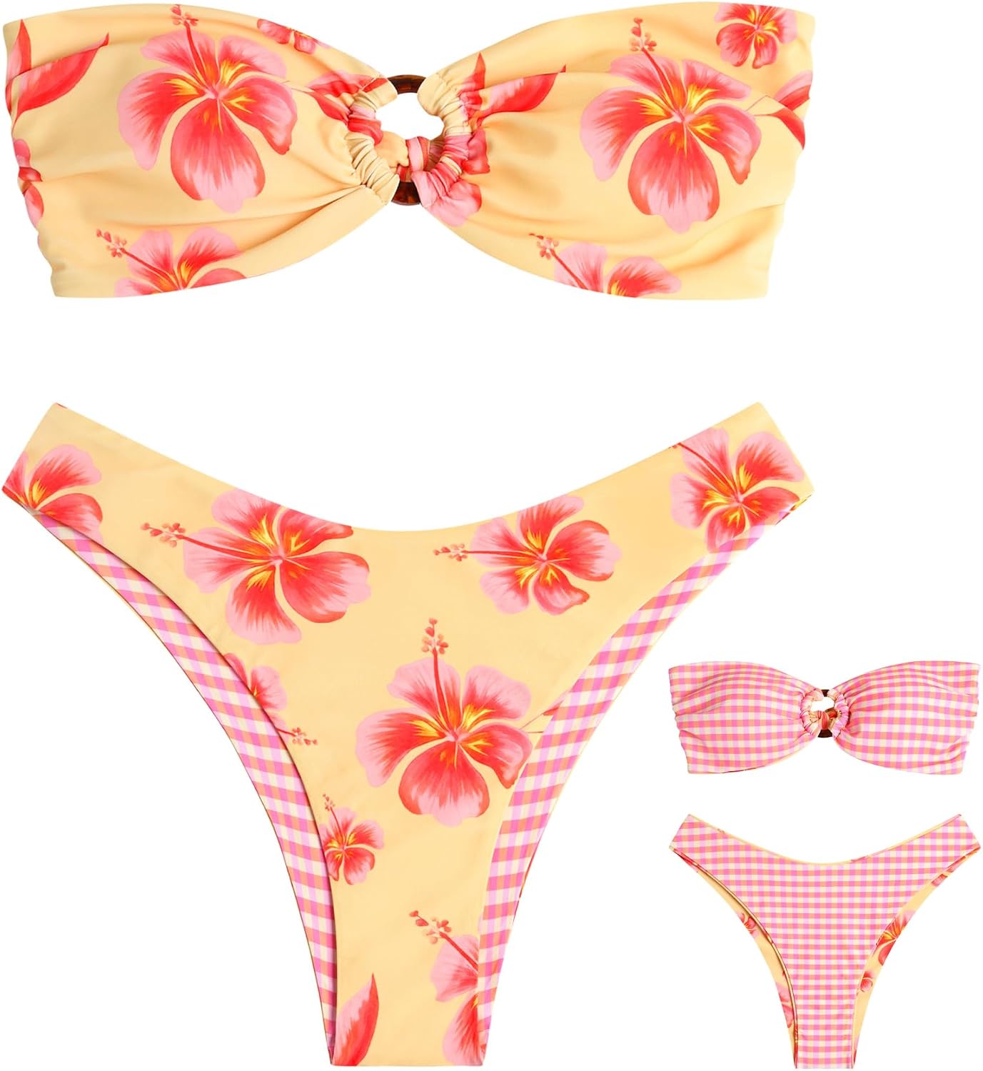 ZAFUL Women's Bandeau Bikini O Ring Strapless Tie Back High Cut Two Piece Swimsuit Bathing Suits