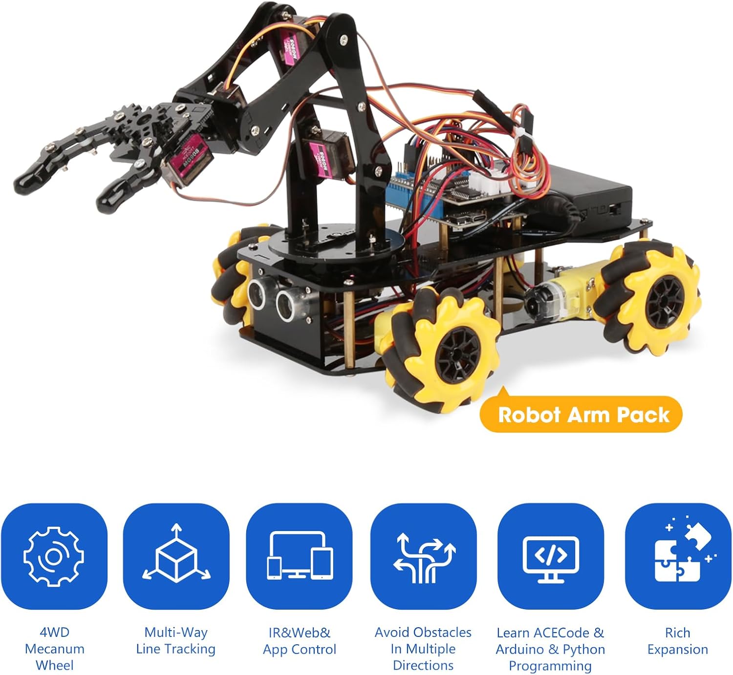 ACEBOTT 5DOF Smart Robot Arm Car Kit, 4WD Remote Control Car Compatible with Arduino/Python/Blockly Programming Project/STEM Education/Science Coding Kit for 12+ Teens and Adults Unique Gifts
