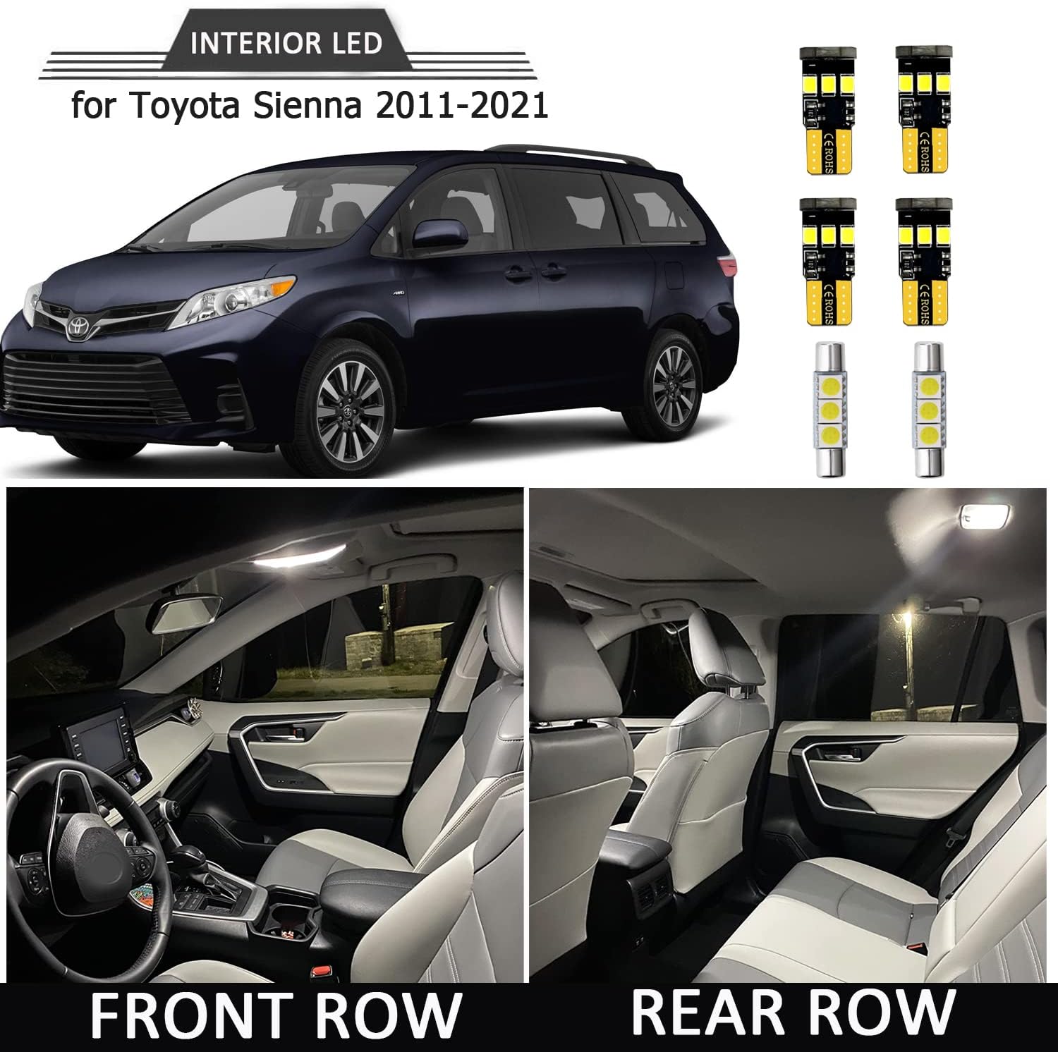 15pcs Sienna Interior LED Lights Replacement for 2011 2012 2013 2014 2015 2016 2017 2018 2019 2020 2021 Toyota Sienna 6000K Super Bright White interior LED bulbs package + Installation Tool