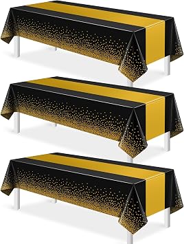 3Pcs Black and Gold Tablecloth Party Decorations,Plastic Black Table Cloth Printed Gold Table Runner Disposable Rectangle Tables Cover for Birthday Retirement Anniversary Graduation Party,54 x108 Inch