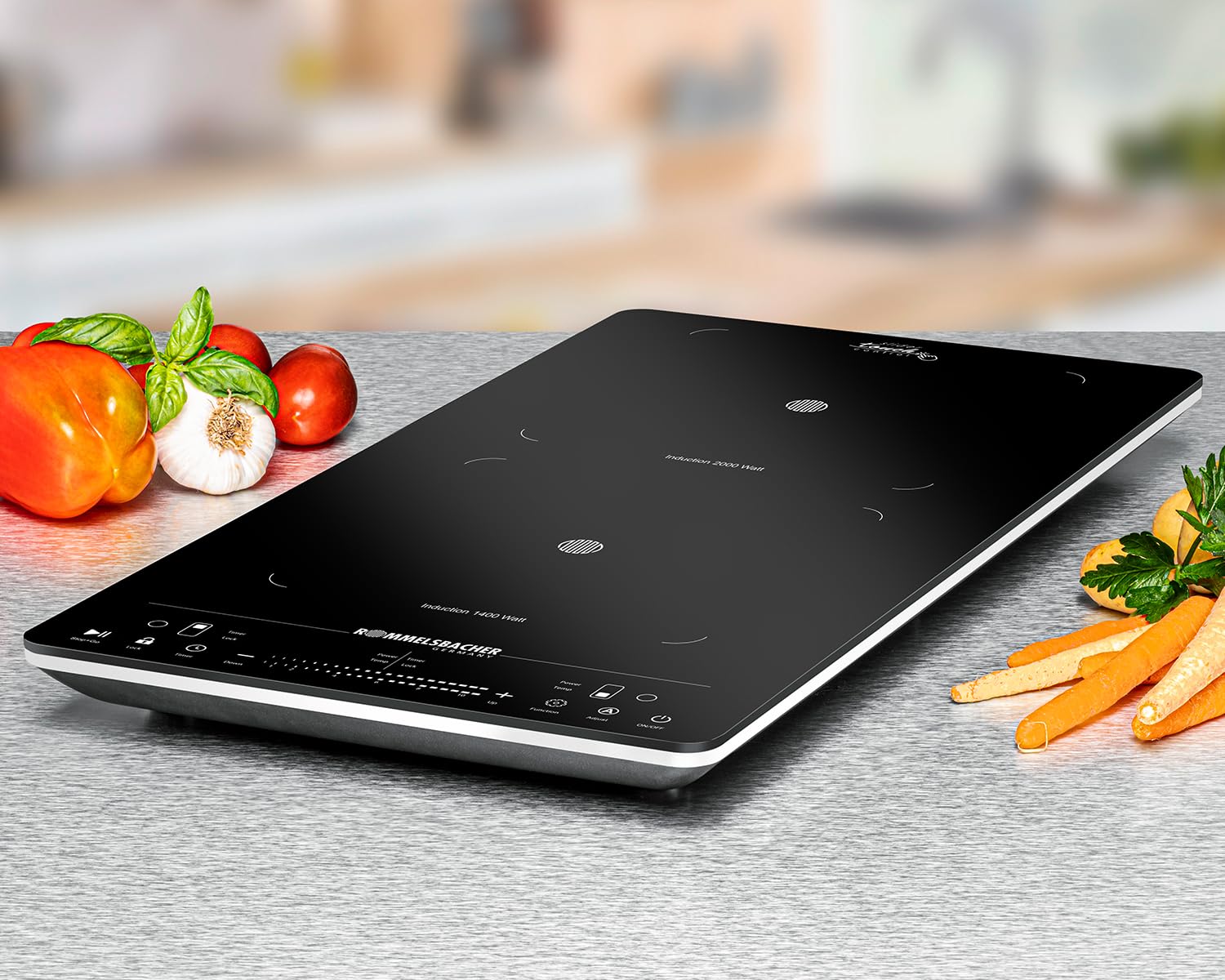ROMMELSBACHER Plaque de cuisson double CT 3430/IN, induction, conception verticale, peu encombrante, 2 zones de chauffage, 10 puissances, 10 niveaux de température, minuterie, Slider Touch & Touch