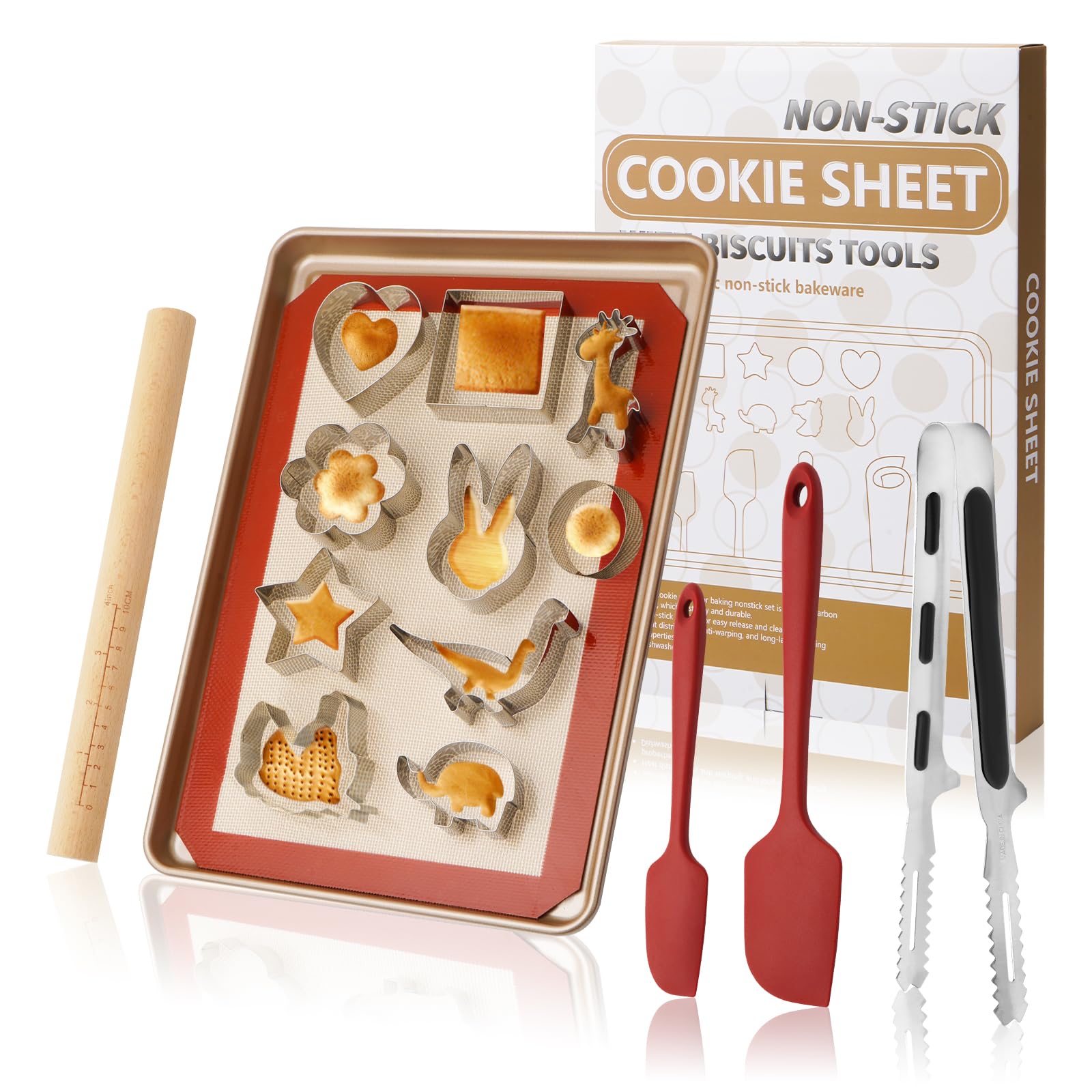 Cookie Cutters Set, 16-Piece Nonstick Baking Pans Set, Complete Cake Baking Set with Baking Pan Baking Mat Rolling Pin Spatula Clamp (Animals)