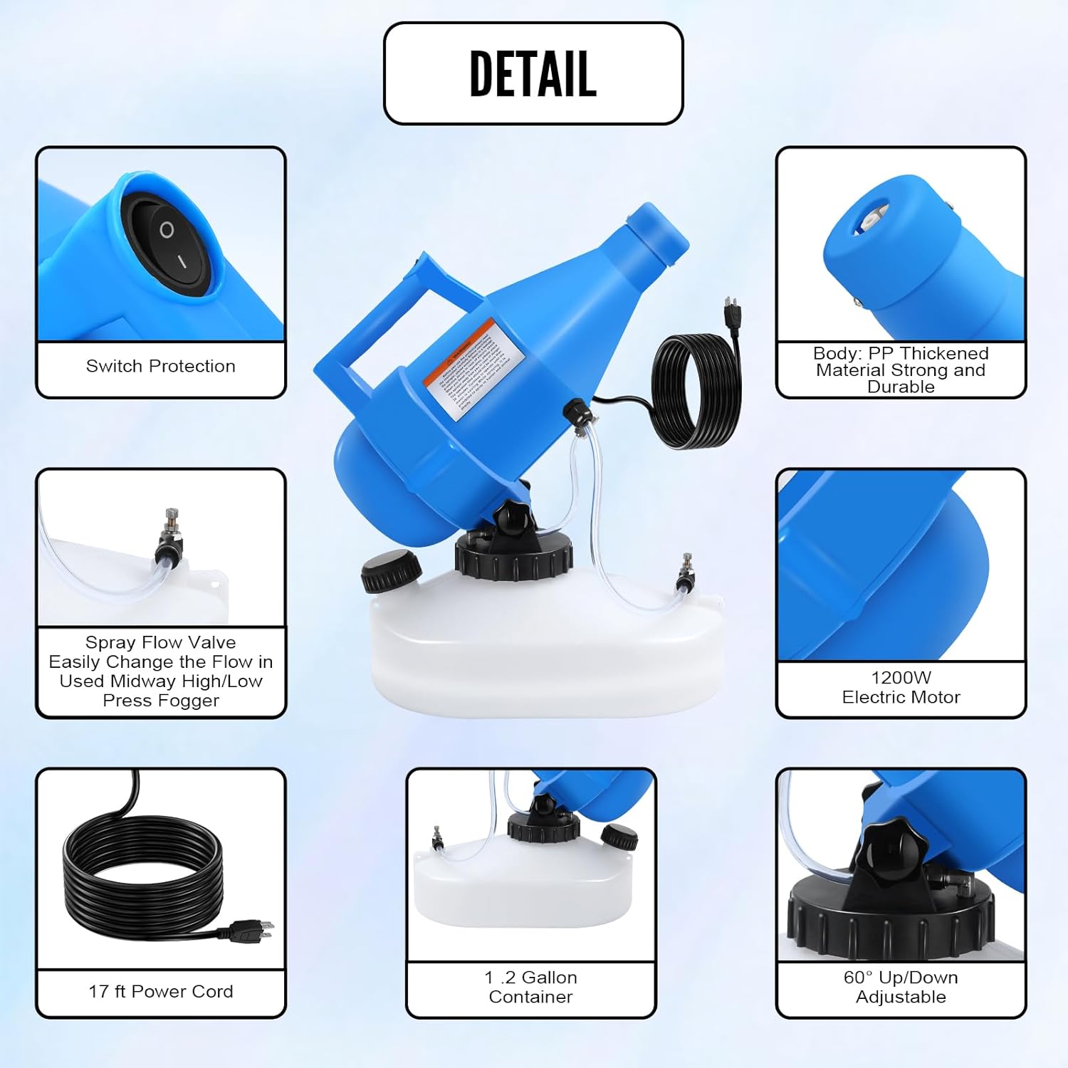 4.5L(1.2 Gallon) Tank, Portable Electric ULV Cold Fogger 1200W Adjustable Flow Fine Mist Sprayer with Long 17ft Power Cord for Home, Garden, Cleaning