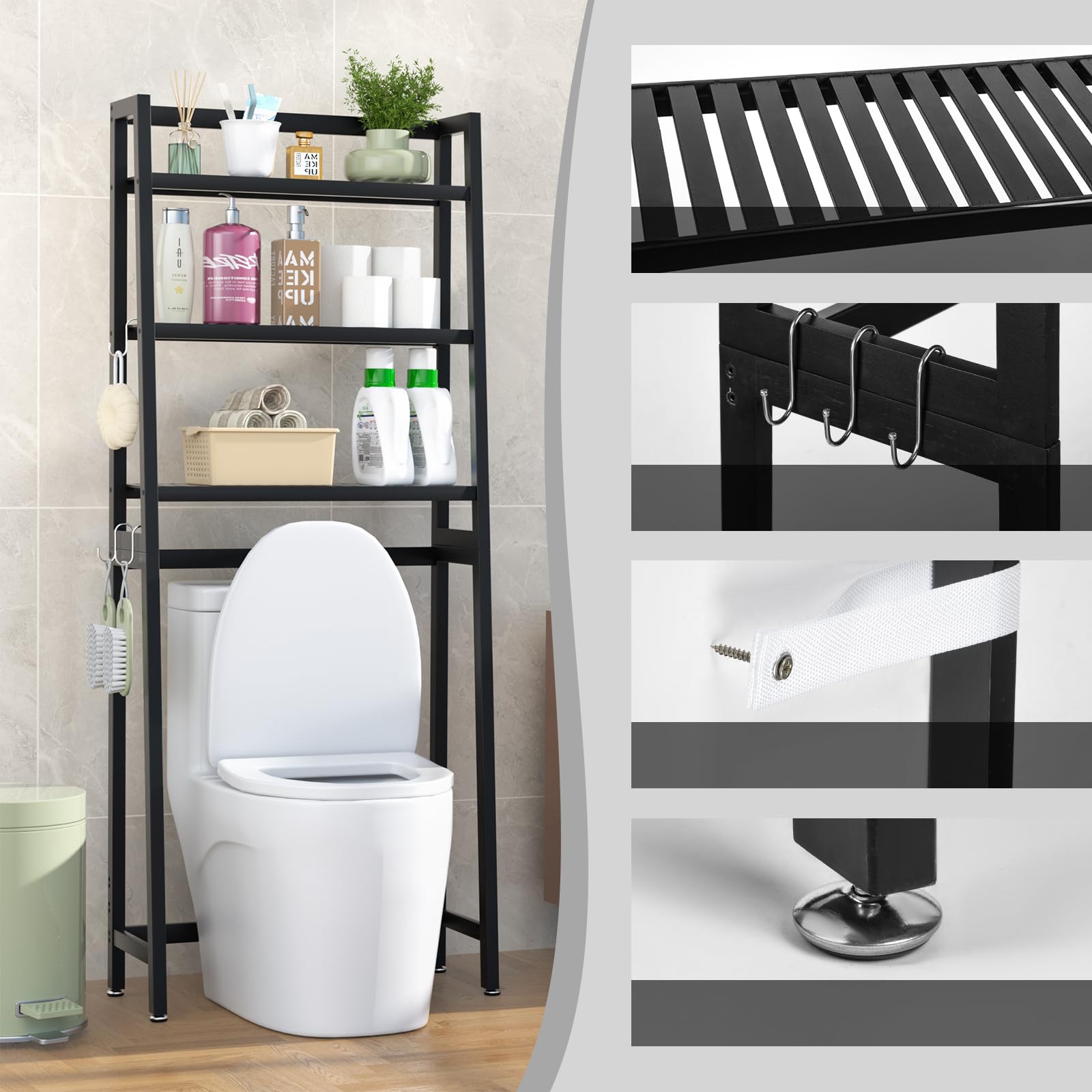 VASMIA Toilettenregal, 3-Ebenen Bambus WC Regal über die Toilette mit 3 Haken und Wasserdichten Fußpads,Freistehende über die Toilette Regal für das Badezimmer,Schwarz