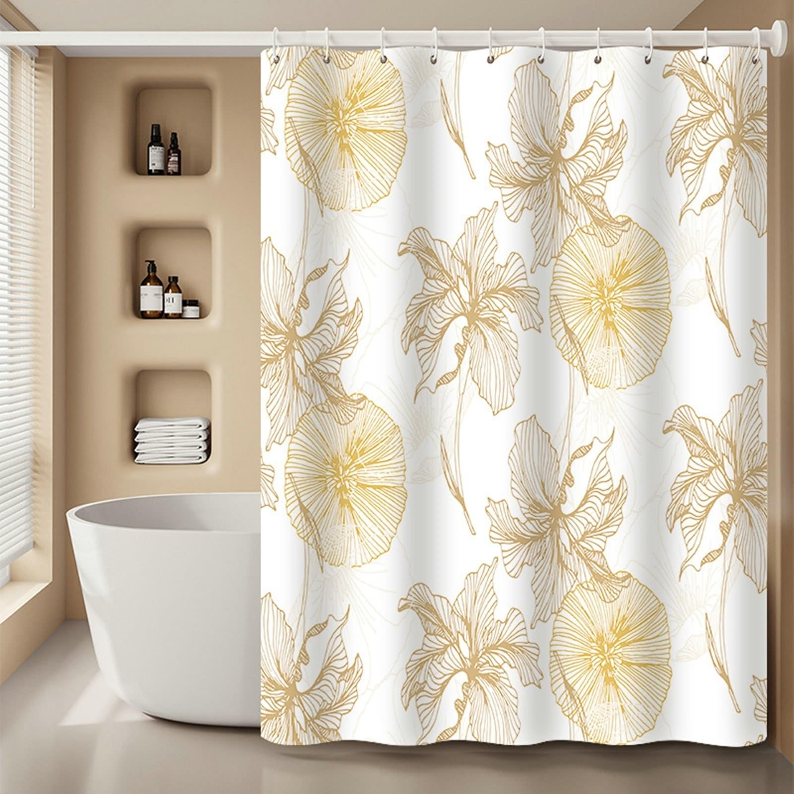 Tenda da doccia 150 x 180 cm, colore bianco e giallo, motivo foglie, tessuto in poliestere, impermeabile, lavabile, anti-muffa, Curtain 1,5 x 1,8 m (larghezza x altezza) con anelli