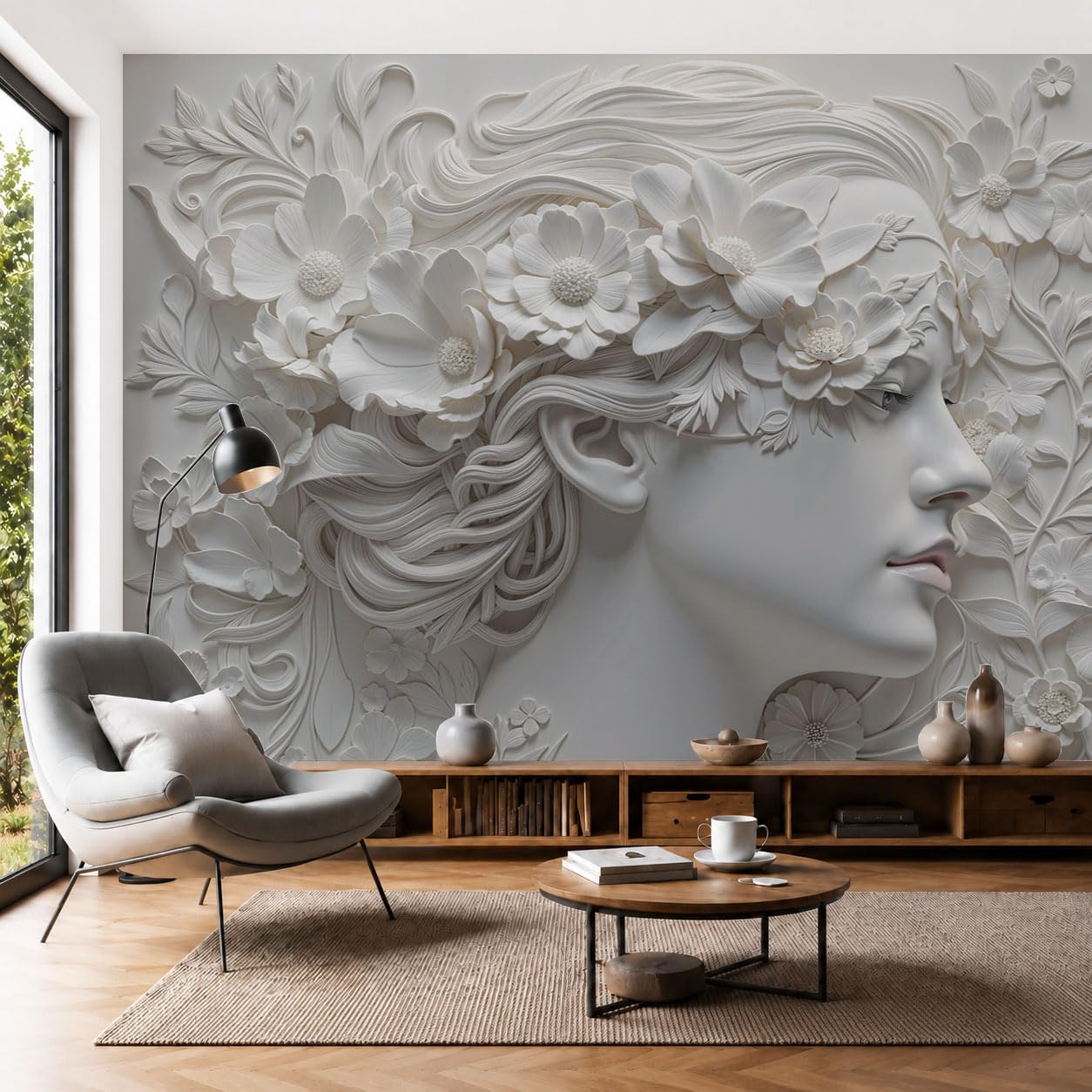 Carta da Parati Panoramica Ritratto 3D 450x315cm | Fiore sul profilo di una donna Foto Wallpaper Poster Gigante Design Bianco Murale Decor della Parete Soggiorno Camera da Letto
