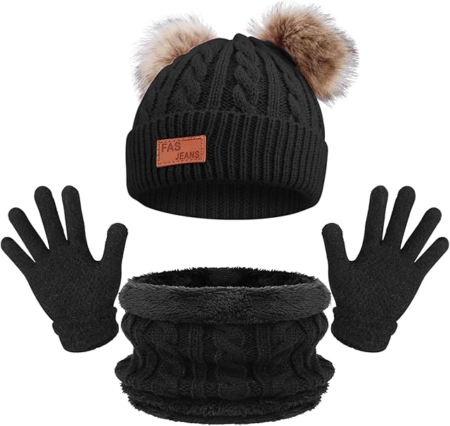 TAGVO Warm Knitted Beanie Hat Scarf Set for Kids, Winter Thicken Fleece Thermal Knitted Hat Neck Warmer Set,for Kids children Boys Girls, Winter Accessories Sets