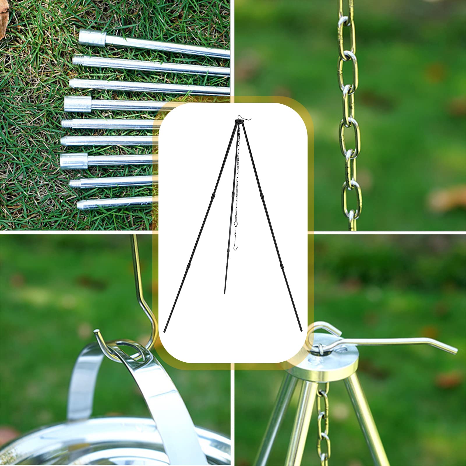 Andoer Dreibein Schwenkgrill, Grillrost mit Kette und Haken höhenverstellbarer Camping-Stativ für offenes Feuer, Reisen, Wandern, Picknick, Grillen