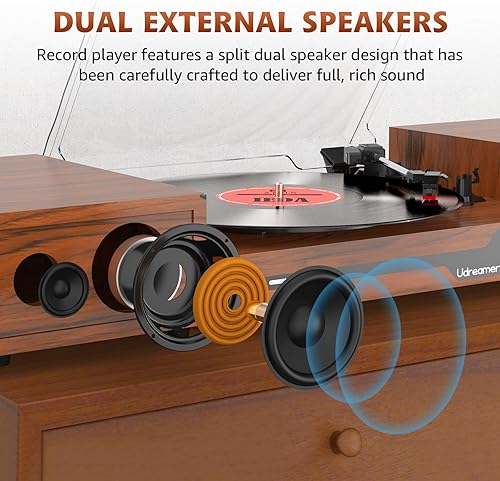 Miniatura 3 de Tocadiscos de vinilo con altavoces, tocadiscos portátil Bluetooth para discos de vinilo, reproductor de fonógrafo LP con 3 velocidades USB RCA en