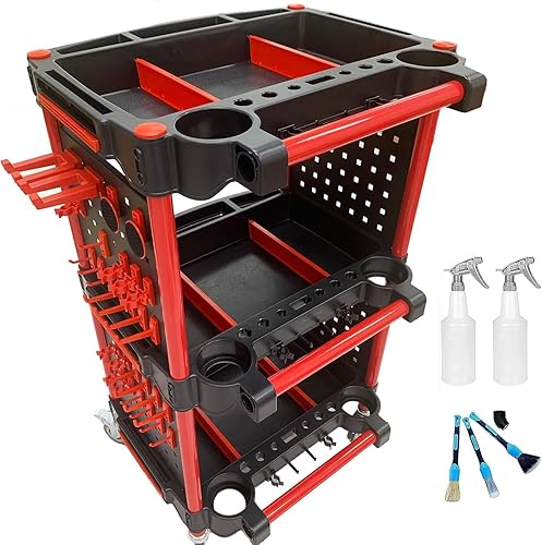 Miniatura 10 de Carro de herramientas para detallado automático con 2 tablas para colgar herramientas, carrito rodante de 3 niveles, organizador de detalles de