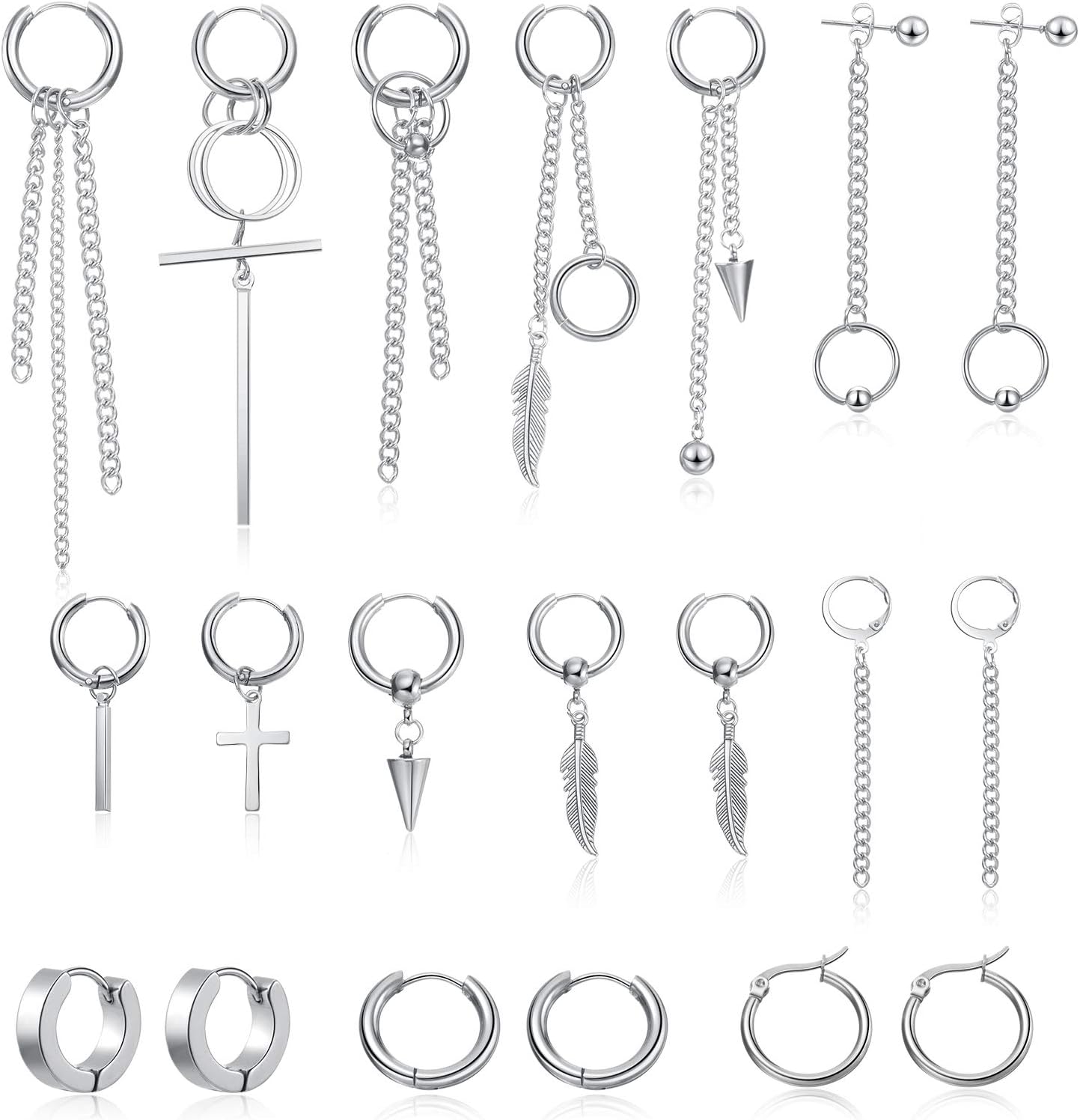 20 Piece Hoop Earring Hinged Feather Earring Long Chain Stainless Steel Dangle
