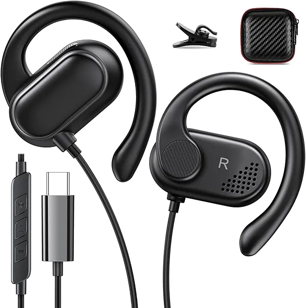 USB C Earbuds Over Ear Headphones for iPhone 17 16 Pro 15 Plus iPad 10th Gen Google Pixel 10 Pro 8 7 Open Ear Sport Headset Wired Type USB C Earphones with Microphone Volume Control Rotatable Earhook