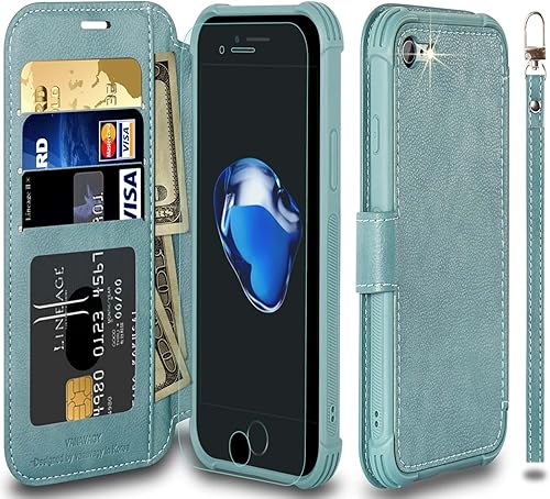 VANAVAGY Funda tipo cartera compatible con iPhone SE2SE3iPhone 8iPhone 7, funda de piel con tapa RFID con soporte para muñecas, carga inalámbrica