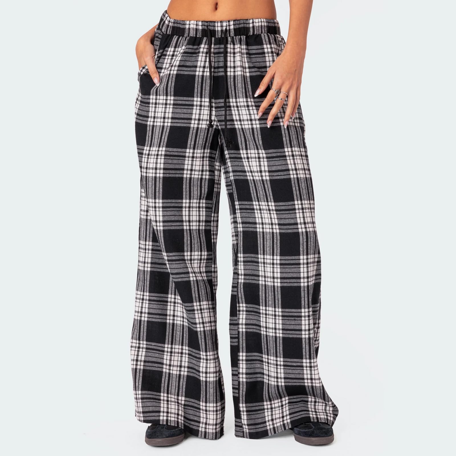 Sexy Outfit Pantalon de Salon à Jambes Larges pour Femmes, Confortable, Taille élastique, Baggy, à Carreaux, Palazzo, Ample, Cordon de Serrage, avec Poche