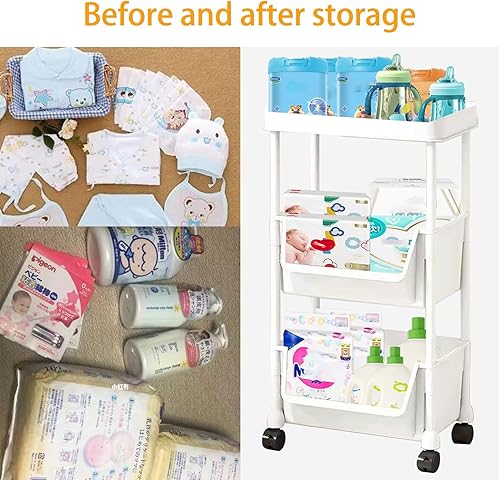 Miniatura 3 de Carrito de pañales para bebé, carrito de pañales movible de plástico con ruedas para recién nacido, artículos esenciales para el cuarto del bebé,
