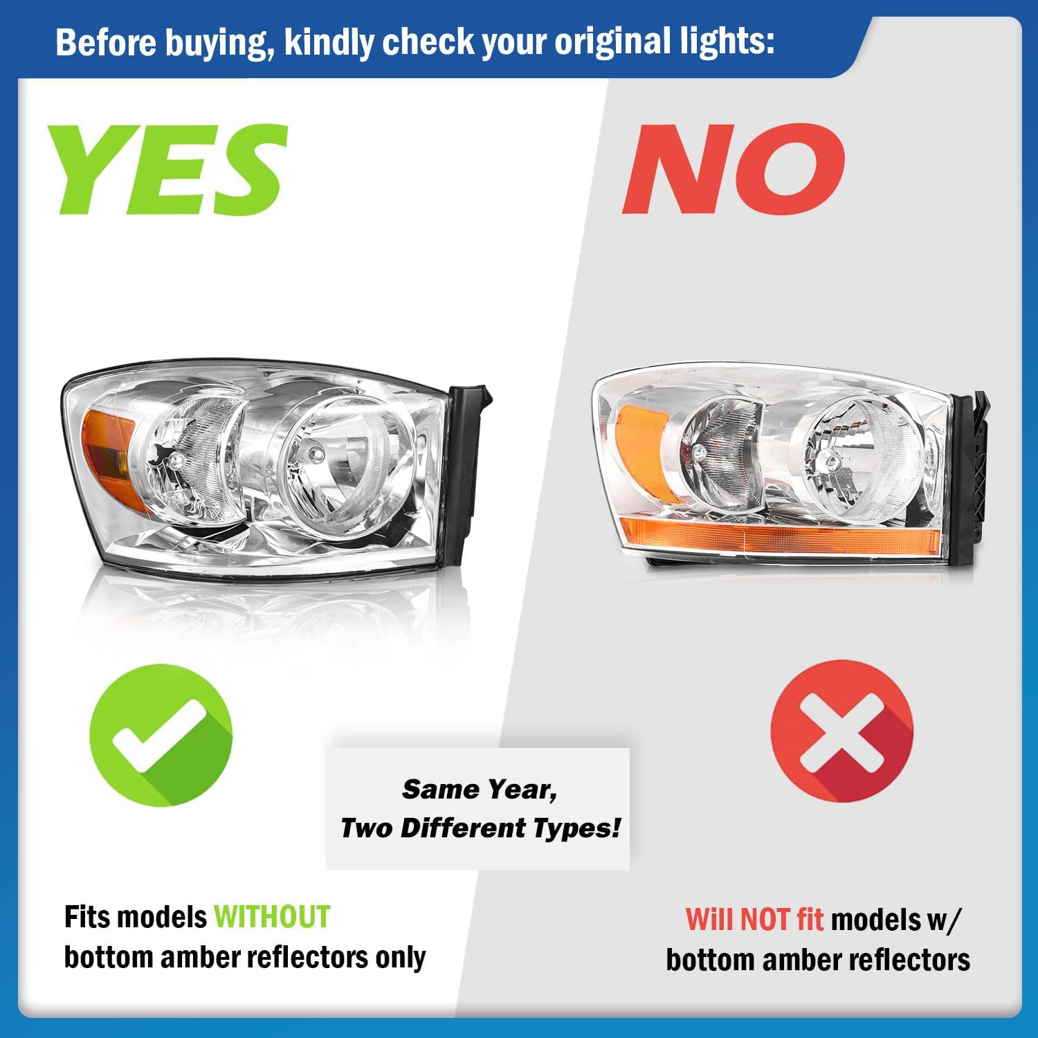 Headlights W/Bulbs for 2006-2008 Dodge Ram 1500/2500/3500, 2009 Dodge Ram 2500/3500 Old Body Style Only, Driver & Passenger Side