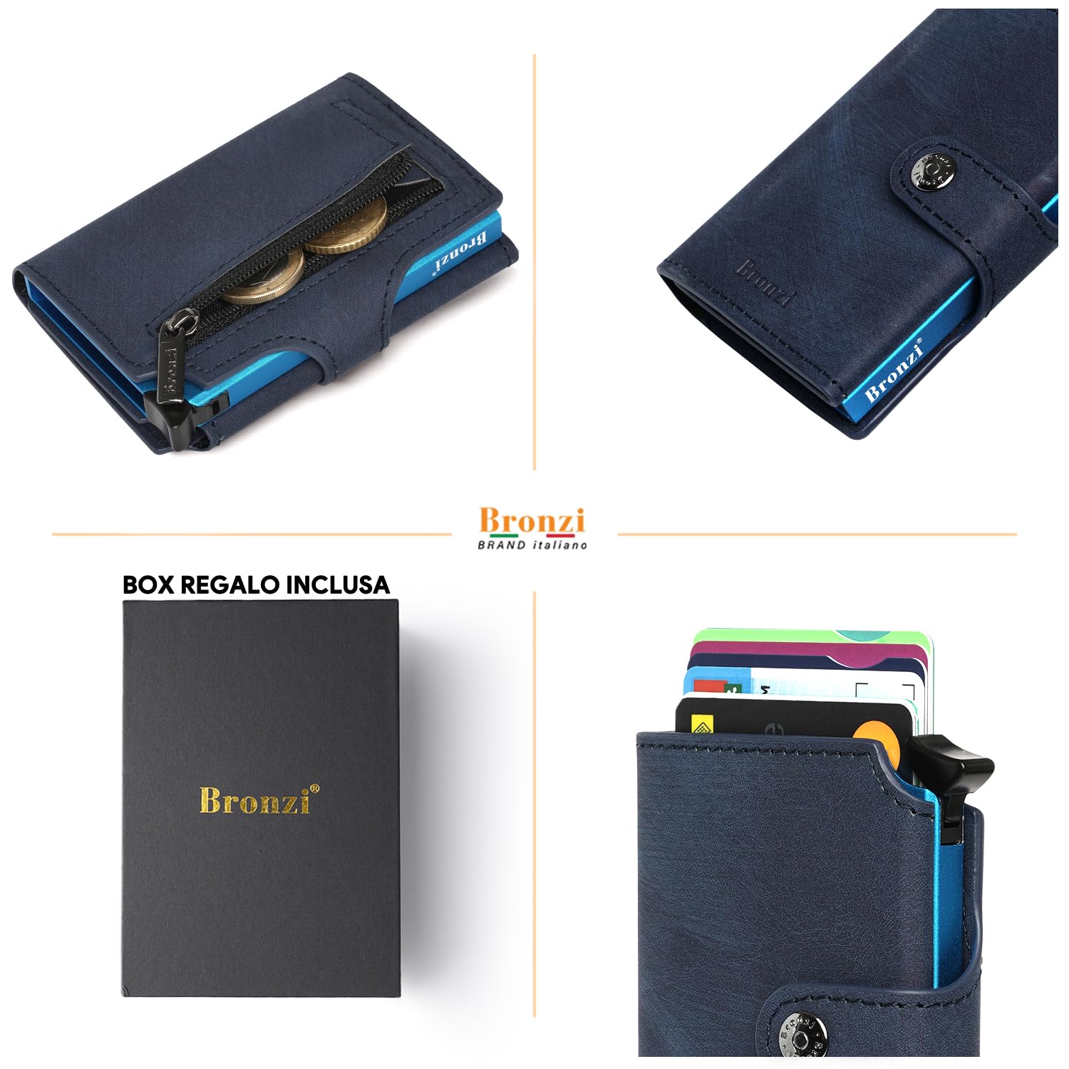 Bronzi® Portafoglio Uomo Slim Piccolo | Portacarte Uomo Donna Portatessere Porta Carte Di Credito | Portafogli Mini Protezione RFID con Portamonete | Box Regalo - Brand Italiano