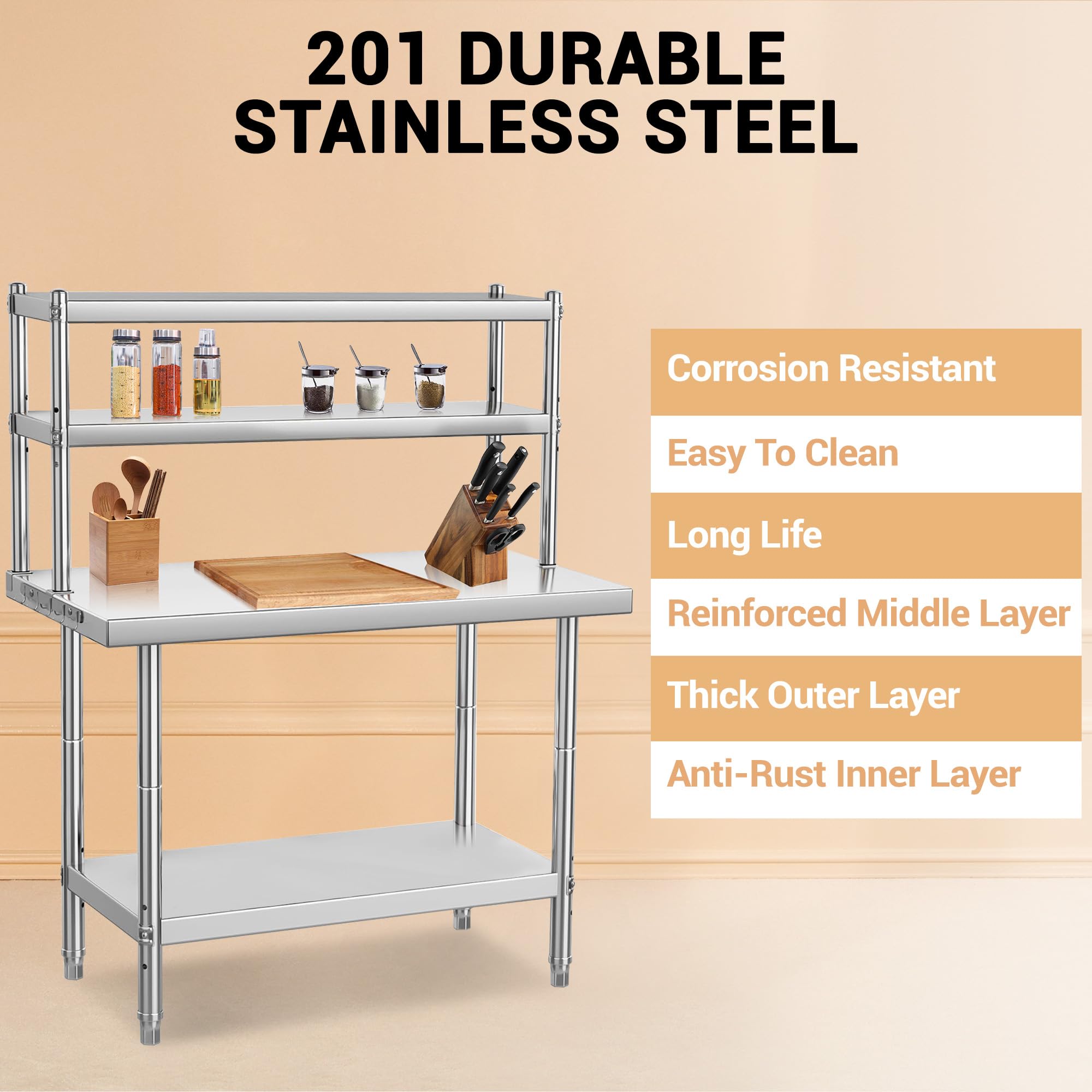 Mesa de trabajo de cocina profesional de acero inoxidable, mesa de preparación con 3 estantes ajustables, ganchos extraíbles, capacidad de carga 662 kg, encimera para cocina, restaurante, Atelie
