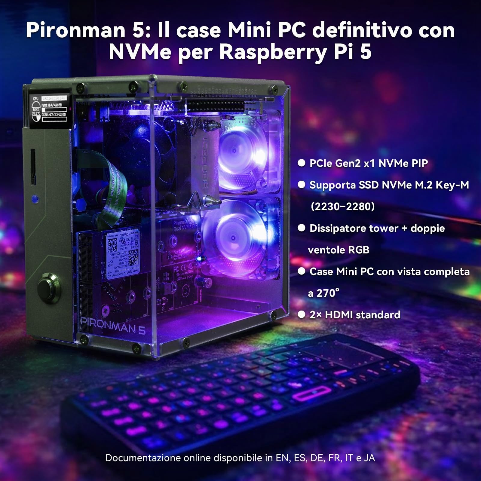 Pironman 5 case Mini PC NVMe M.2 SSD PCIe 2.0/3.0 per Raspberry Pi 5 Hailo-8L, agente AI OpenClaw, dissipatore tower + doppie ventole RGB, modulo OLED 0,96", spegnimento sicuro, HDMI, effetto RGB