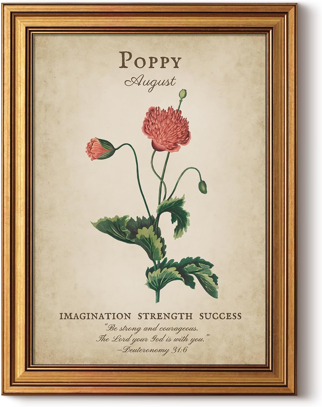 InSimSea Vintage Floral Wall Art Decor, Unique Mothers Day Gifts, Aug.Birth Flower Poppy Canvas Paintings,16x12in,Gold Framed Picture, Room Shelf Decor, Christian Scripture Bible Lovers