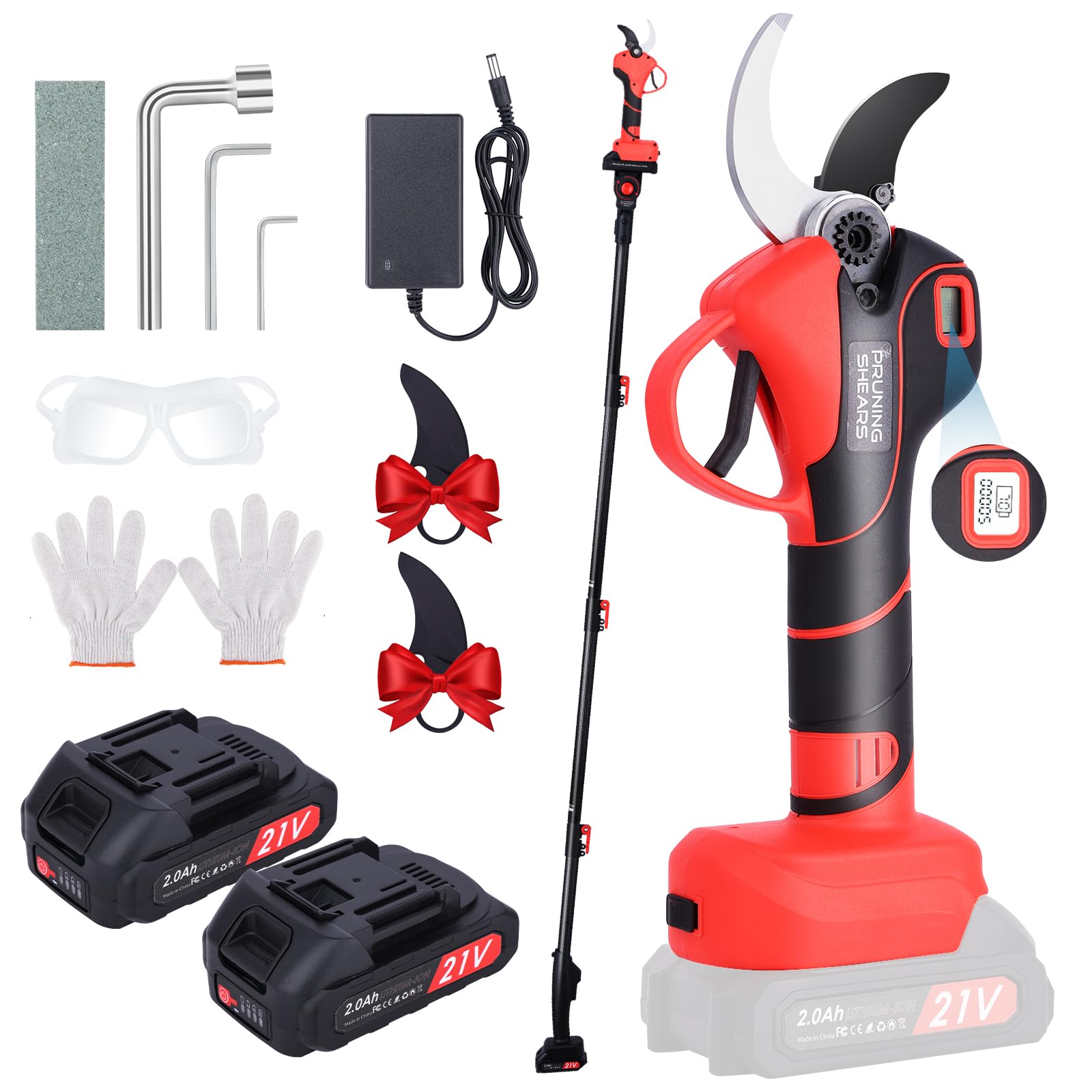 Forbici elettriche telescopiche da 50 mm con asta da 2 metri: forbice elettrica senza fili con batteria a cavallo da 2 x 2,0 Ah, diametro di taglio 30/50 mm, settore giardino per Hedge, alberi, frutta