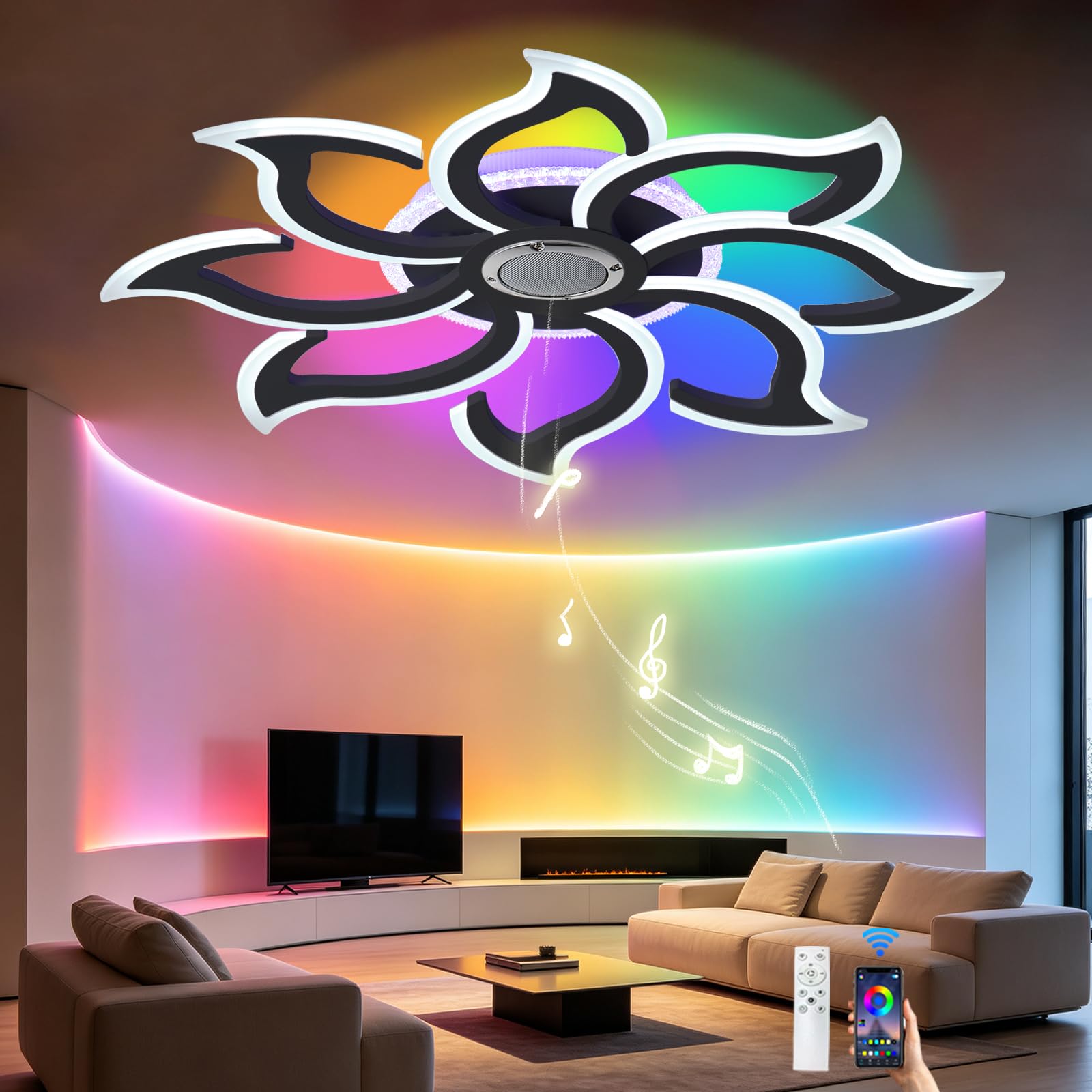 Caufloce RGB Ceiling Light with Bluetooth Speaker Bedroom 90cm Ceiling Lamp Living Room LED Dimmable Ceiling Lamp with Remote Control Memory Function Modern Flower Ceiling Lights with APP Smart Black