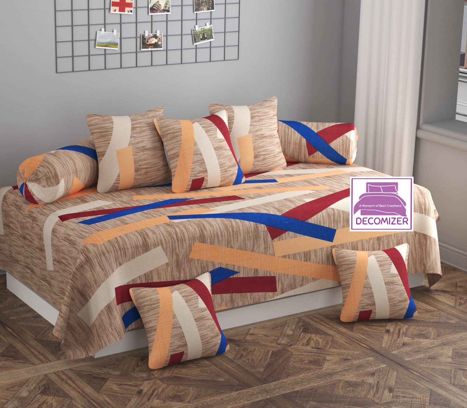 DECOMIZER XL Diwan Set 100% Pure Cotton Designer, 1 (60 X 90 in) Bedsheet ,5 (16x16 in ) Cushion Covers and 2 Booster Covers (8 PCS Set) (Diwan Set-(1+2+5), Design - Mustard Stripes)