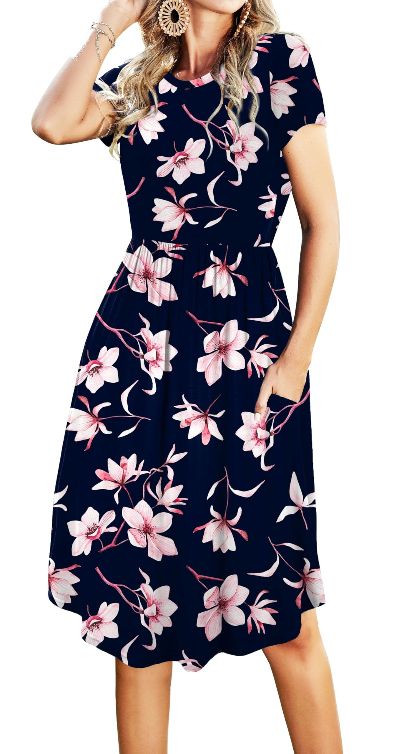 Simier Fariry Womens Summer Modest Work Casual Midi Knee Dress Pocket Short Sleeve Teacher Outfits Spring Travel Clothes