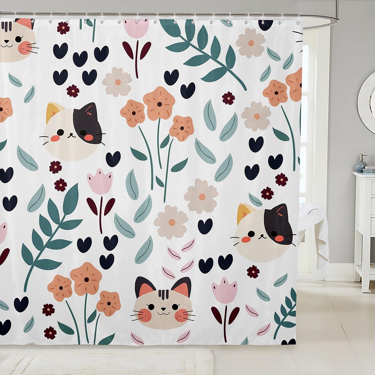 Manfei Kids Cute Cats Shower Curtains Botanical Floral Bathroom Curtains for Boys Girls Room Decor, Cartoon Leaves Flower Waterproof Bath Curtains with 12 Hooks Suits for Bathtub, 72" W x 84" L