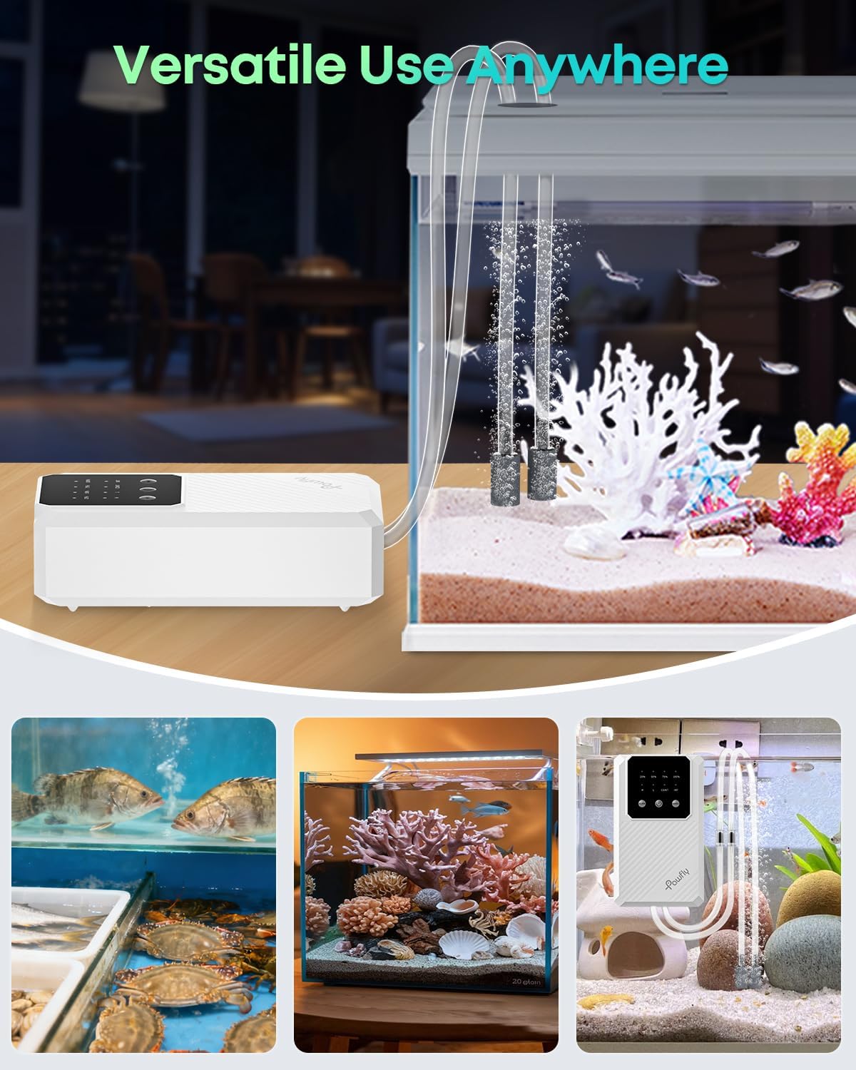Pawfly Aquarium Air Pump, 64 GPH Rechargeable Fish Tank Air Pump for Tank Up to 65 Gallons, Ultra Quiet Adjustable Oxygen Pump with Airline Tubing, Air Stone & Check Valve, Aerator for Fish