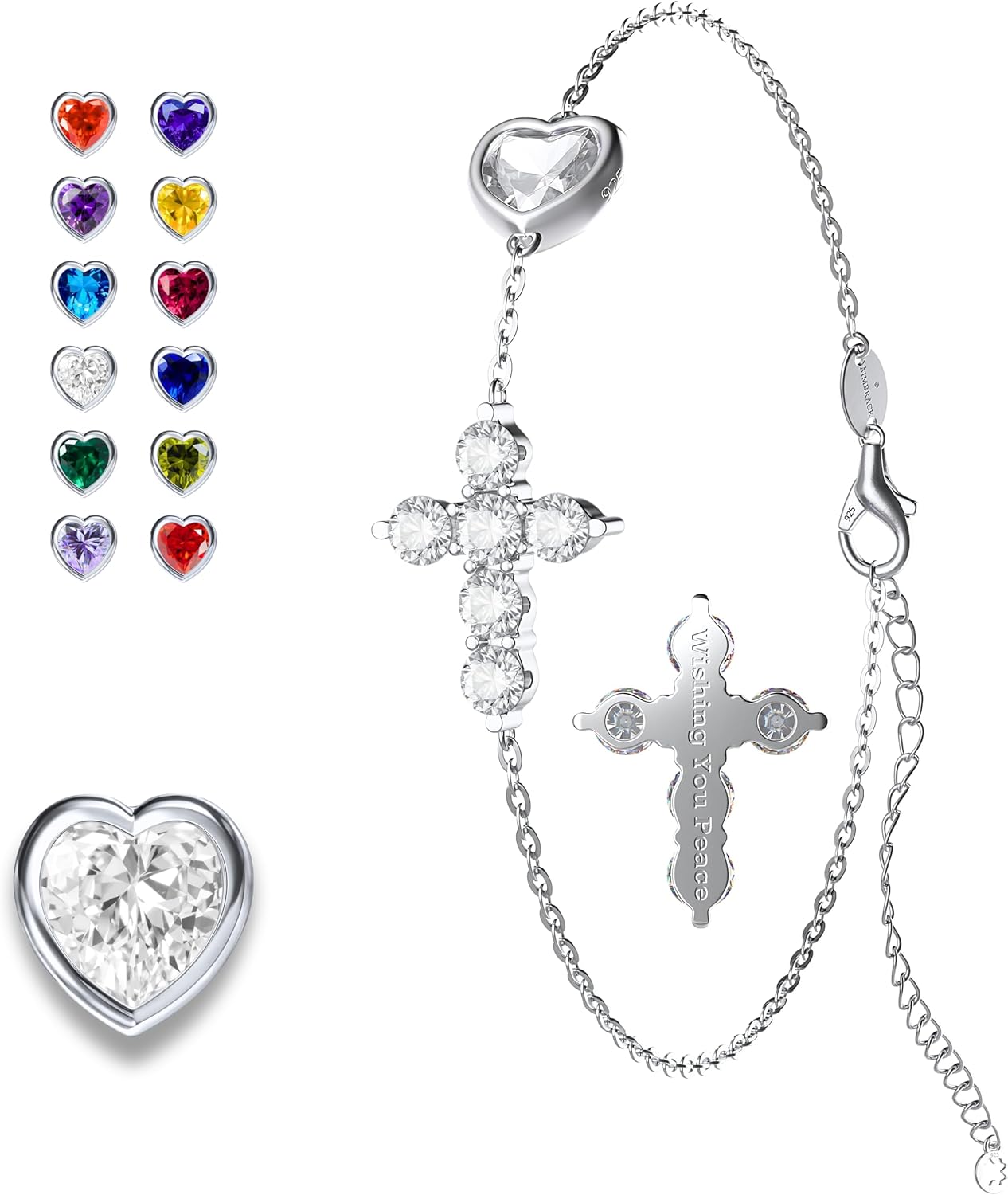ÀIMBRACE Birthstone Bracelets for Women - Moissanite Cross Bracelet with Heart-Shaped Birthstone, 18K White Gold-Plated Solid 925 Sterling Silver with Rhodium-Plated Finish, Adjustable 16.5-22.5 cm