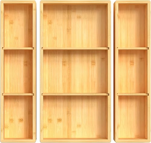 Organizador de cajones de bambú de 12.5'' x 12.5'' x 2'', ajustable de 3 organizadores individuales de cajón multiusos para baño y cocina, cajas