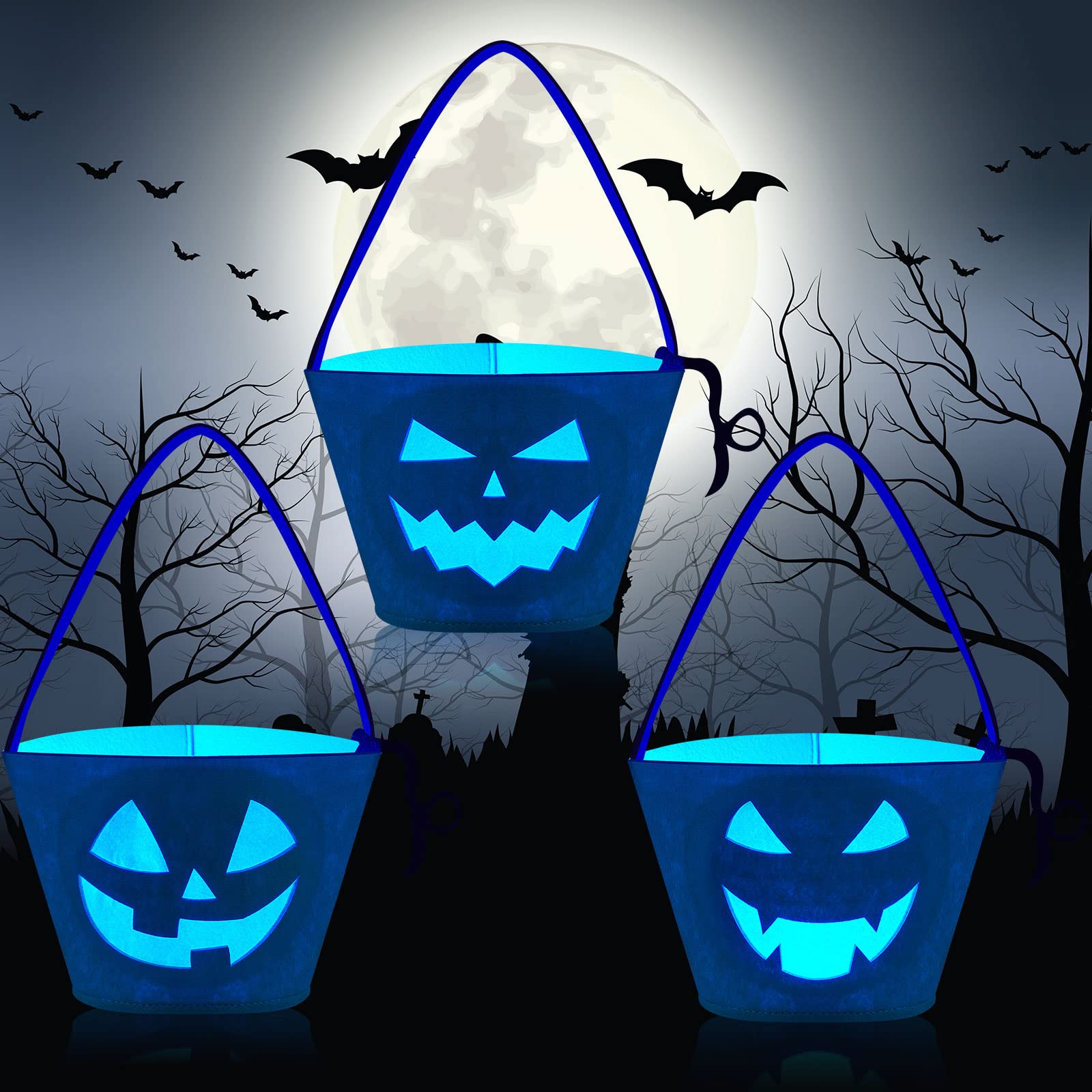 3 Pieces Light up Pumpkin Halloween Felt Trick or Treat Bucket Reusable Halloween Bucket Pumpkin Candy Pail with Blue LED Lights for Kids Halloween Party Favors Supplies Gifts, 3 Styles