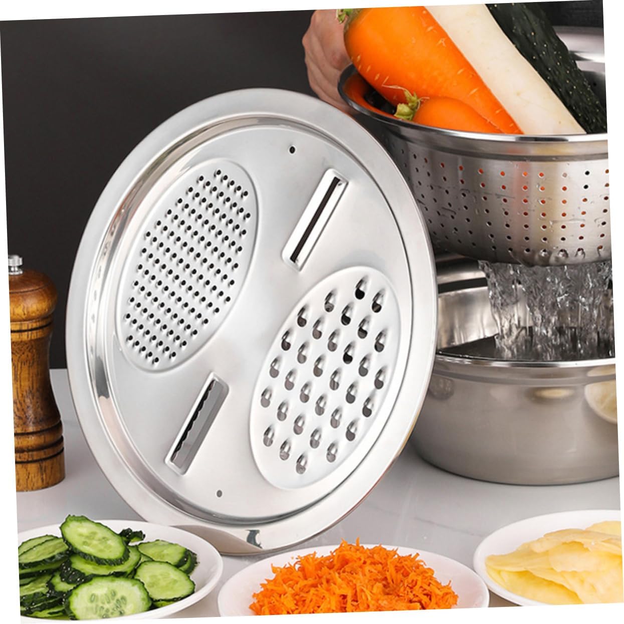 Multi-function Vegetable Slicer and Draining Basin Set Ergonomic Stainless Steel Grater for Effortless Food Preparation and Easy Draining of Fruits and Vegetables