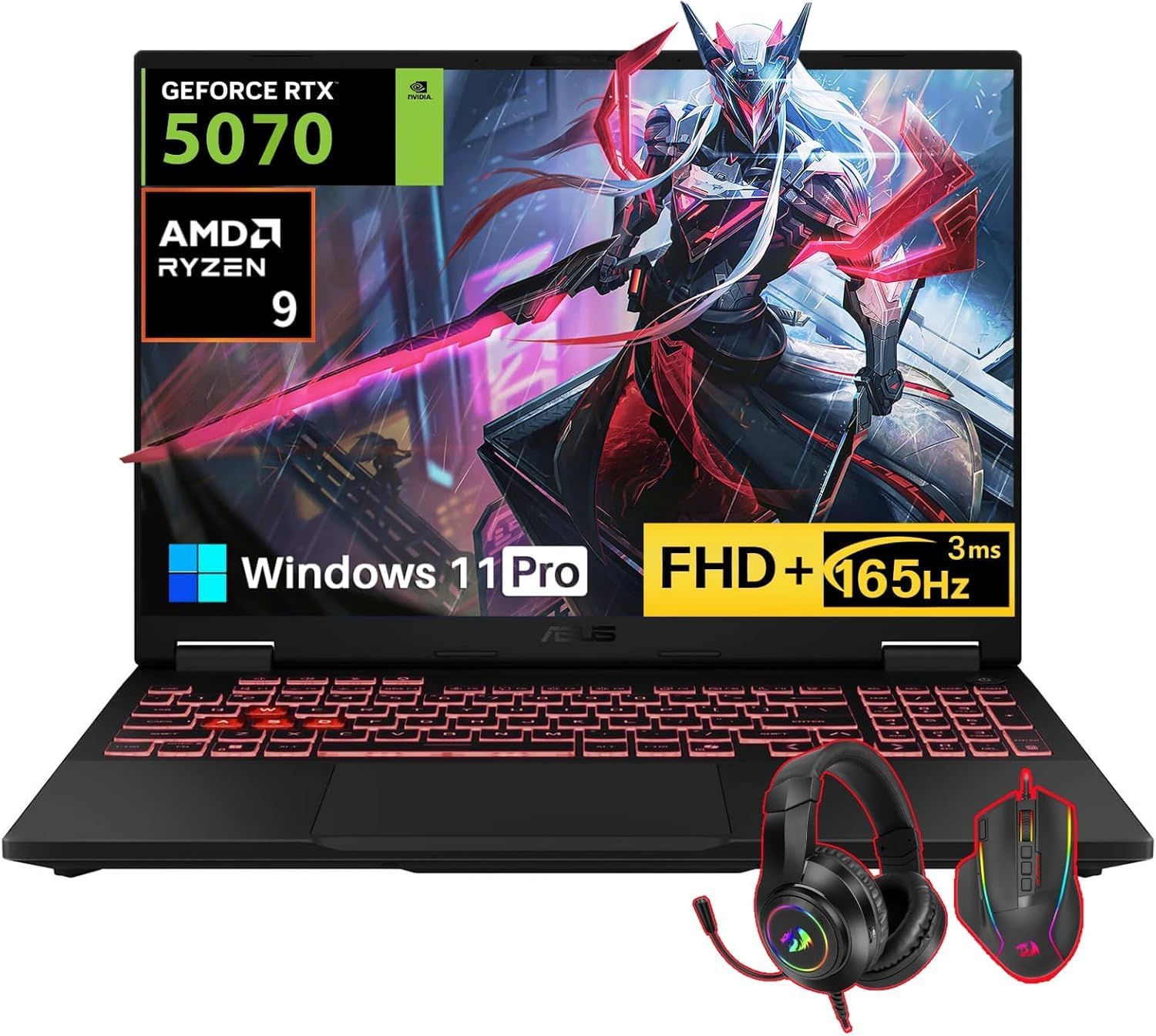 ASUS TUF A16 Gaming Laptop 2025, 16″ FHD+ 165Hz Display, AMD Ryzen 9 270, NVIDIA GeForce RTX 5070, 32 GB DDR5 RAM, 1 TB SSD, RGB Backlit KB, Windows 11 Pro, Bundle with REDRAGON Headphones & Mouse