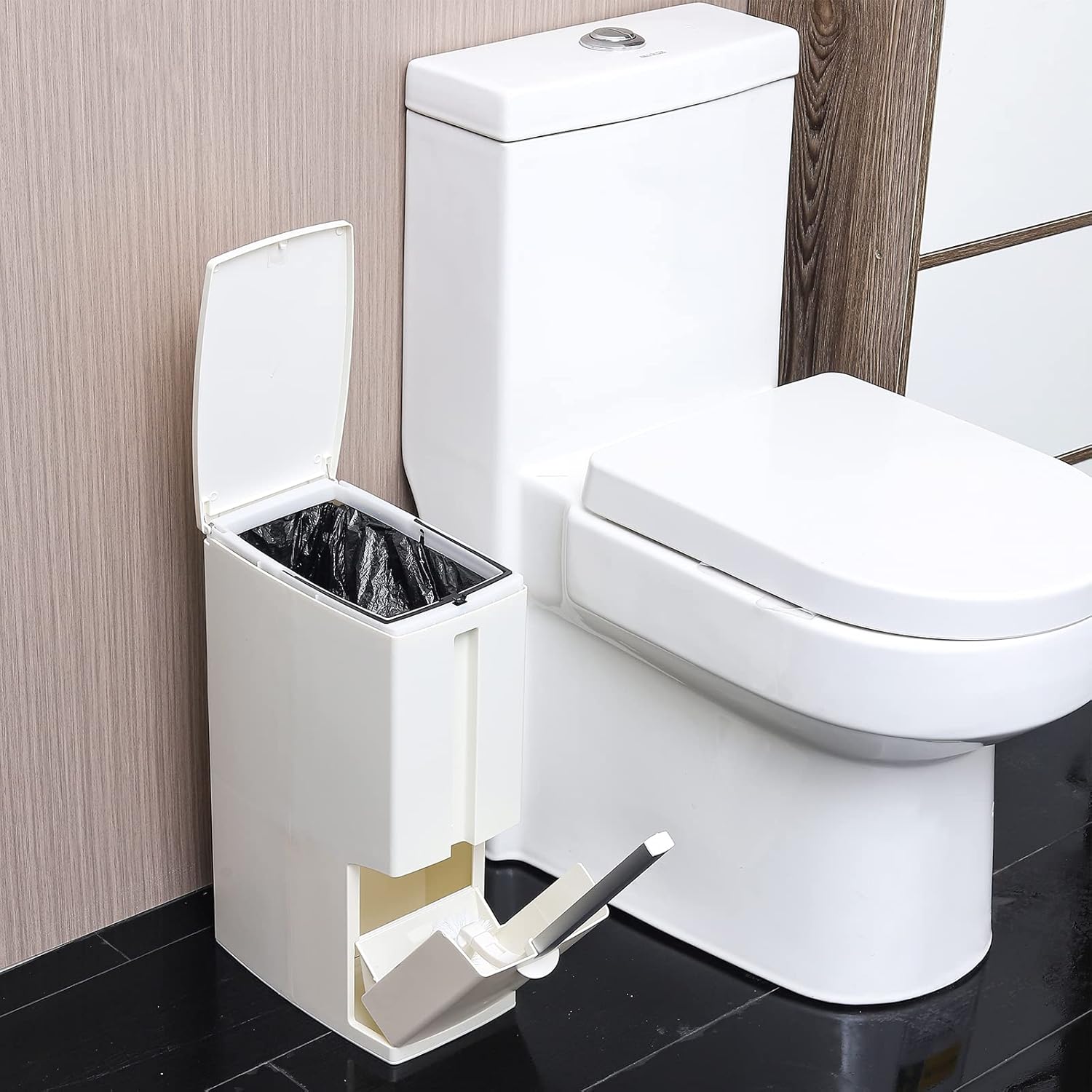 Cq acrylic Slim Plastic Trash Can with Press Top Lids for Bathroom,2.1 Gallon Garbage Can with Toilet Brush Holder,Waste Bin Between Wall & Toilet Dogproof Slim Rectangular Trash Bin for Toilet White : Home & Kitchen