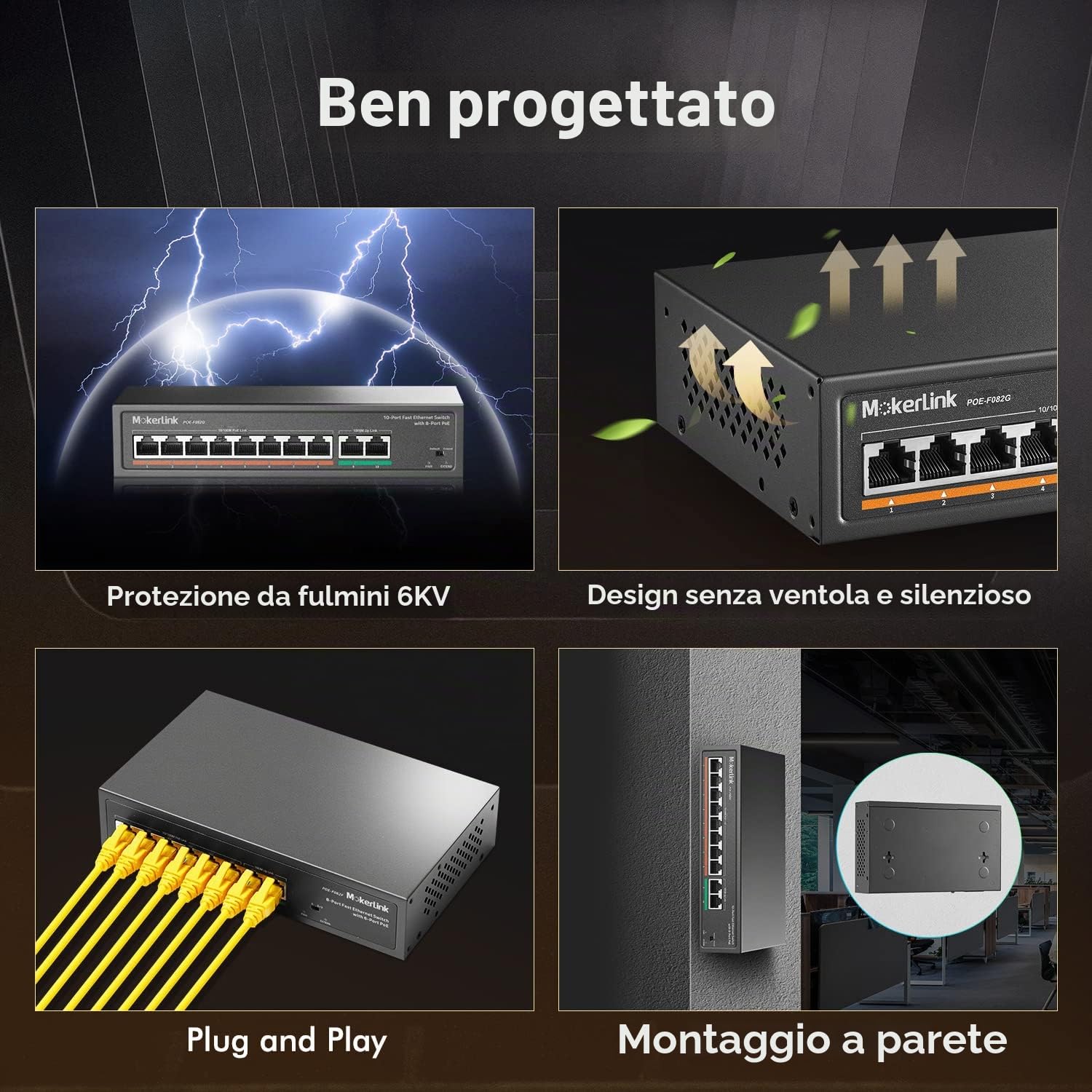 mokerlink Switch Poe 8 Porte, 2 Porte Gigabit Uplink, Poe Plus 802.3af/at, 120W di Potenza Integrata, 250 Metri, Metal Plug & Play