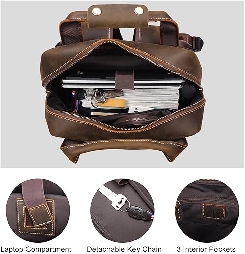 Miniatura 3 de TIDING Mochila de cuero para hombre Mochila para portátil de 17.3 pulgadas, mochila de gran capacidad para viajes de negocios y oficina, Marrón