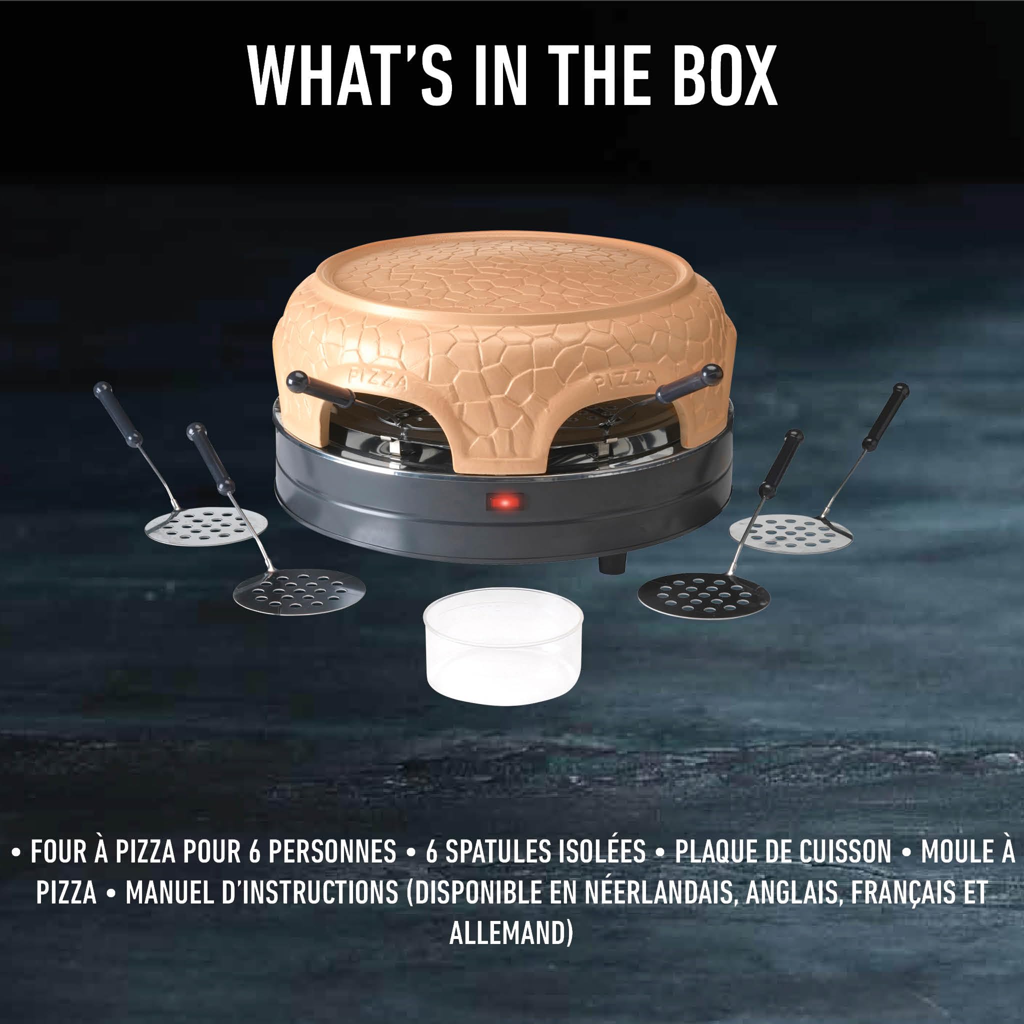 Gastronoma Four à pizza - Four à pizza avec dôme en terre cuite pour 6 personnes - Dôme à pizza - 1000 Watt - Préparation en 5-7 minutes - avec accessoires - Dôme plat
