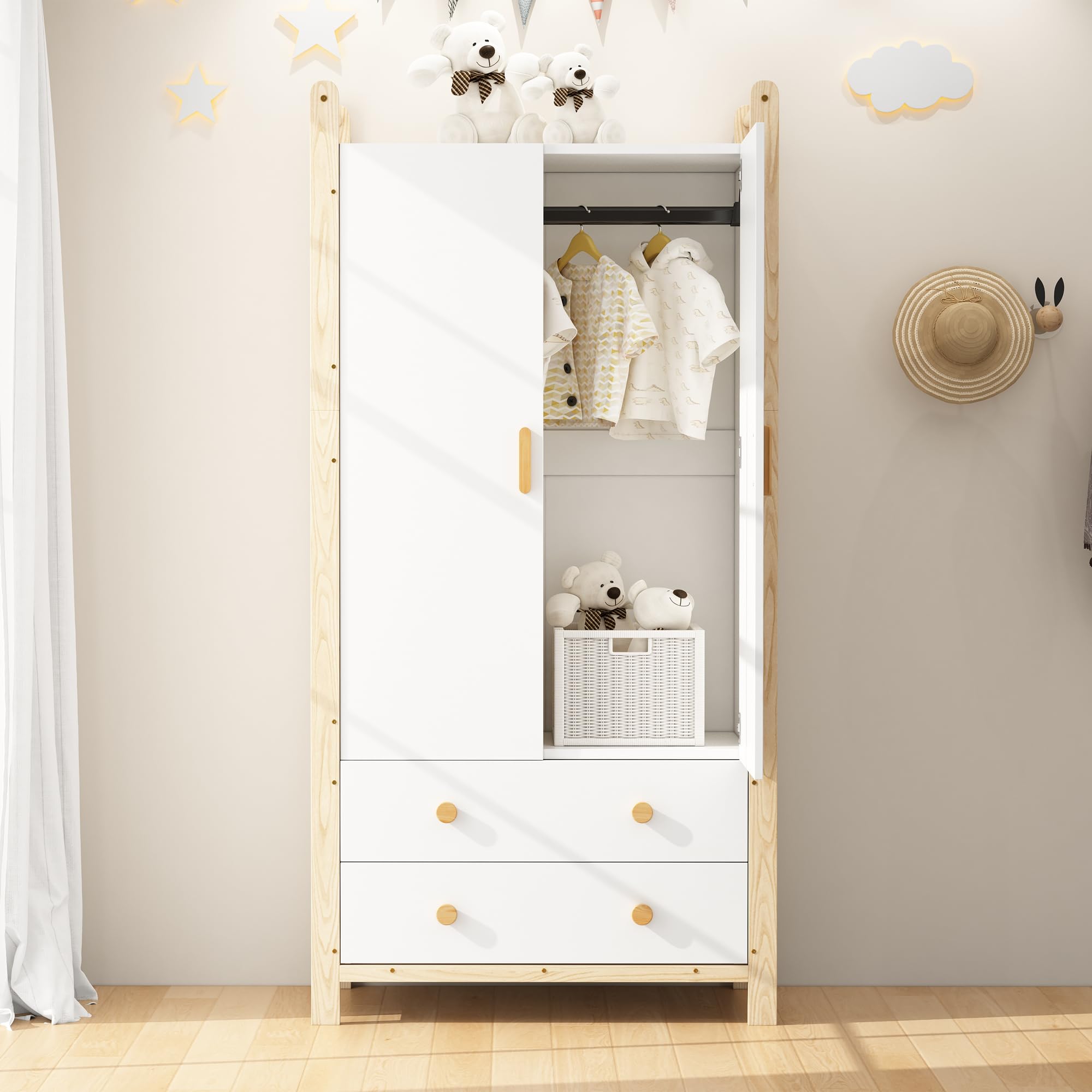 BTM Kleiderschrank 2 Türig mit Schubladen Kinderzimmer Kleiderschrank mit Stange Schlafzimmerschrank Flurgarderobe Weiß