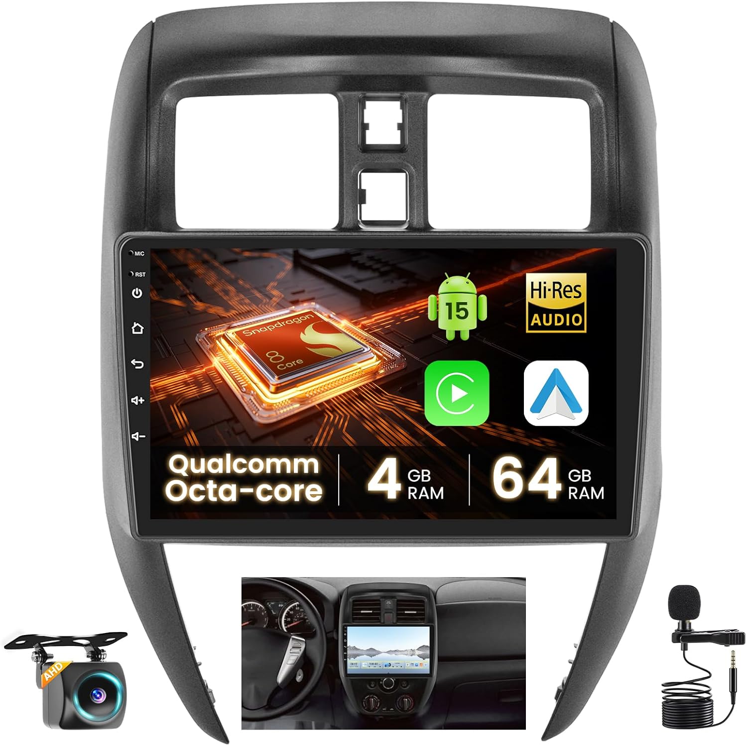 Qualcomm 4G 64G for Nissan Versa Sedan 2015-2019 Radio CarPlay Screen 8 core Android 15 IPS 10.1" Touchscreen Car Stereo Android Auto Bluetooth 5.1 Backup Camera GPS FM RDS DSP 4UI