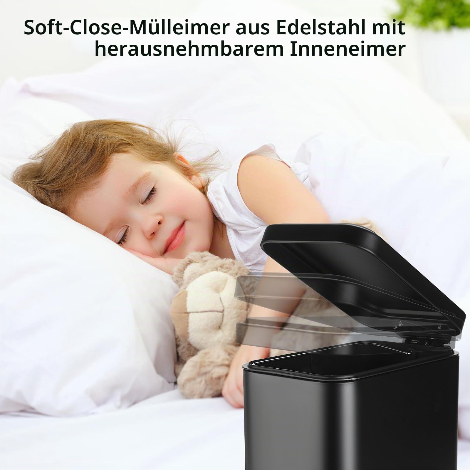 GAHEFY Badezimmer Accessoires Set 5-teilig – Edelstahl Mülleimer 5L mit Soft-Close Deckel, WC Bürste mit Halter, Seifenspender, Zahnbürstenhalter & Ablage – Matt Schwarz