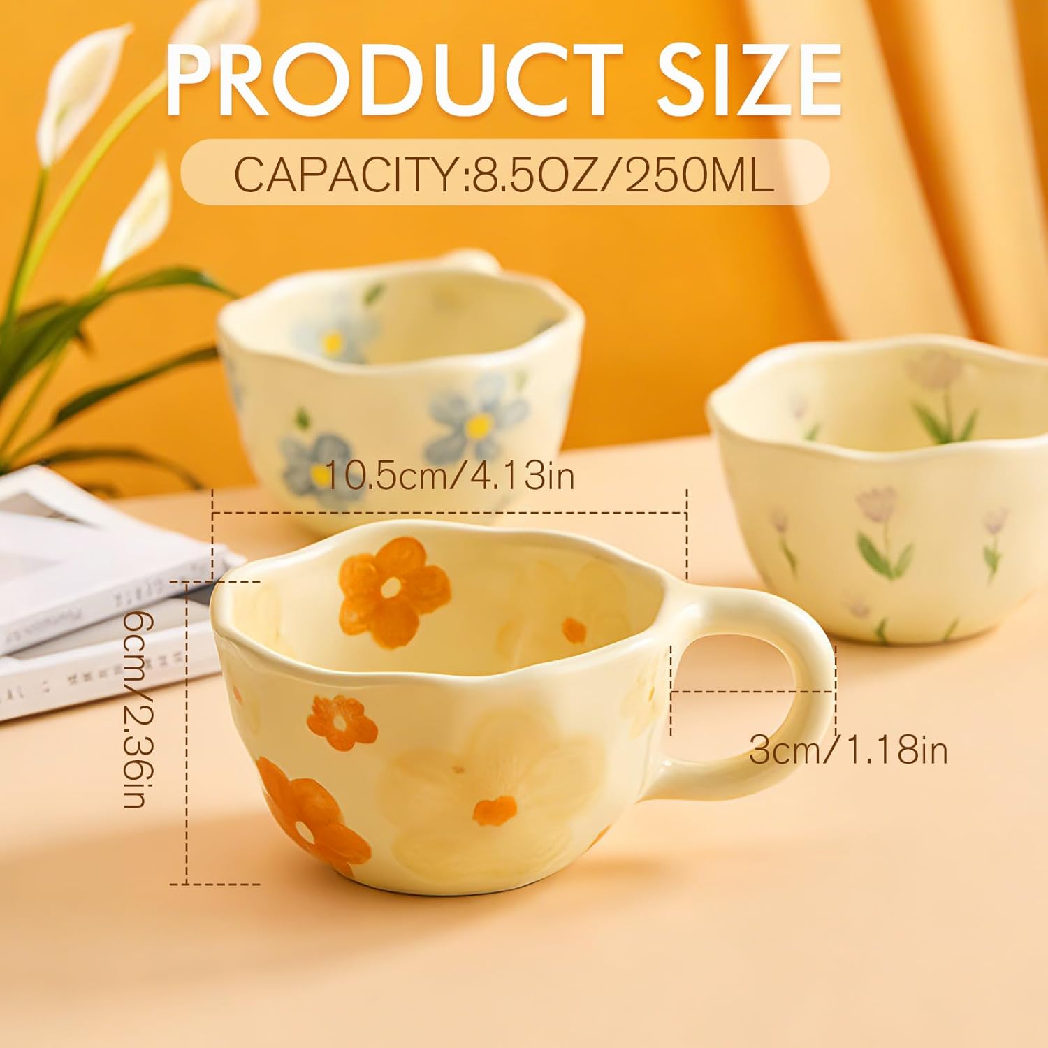 Kawlity 4 Styles Vintage Flower Mugs, 8oz Ceramic Coffee Mug Set with Spoon, Aesthetic Floral Cute Tea Cups with Handles, Porcelain Floral Mugs for Coffee Milk Juice Slushies Oats - Image 2