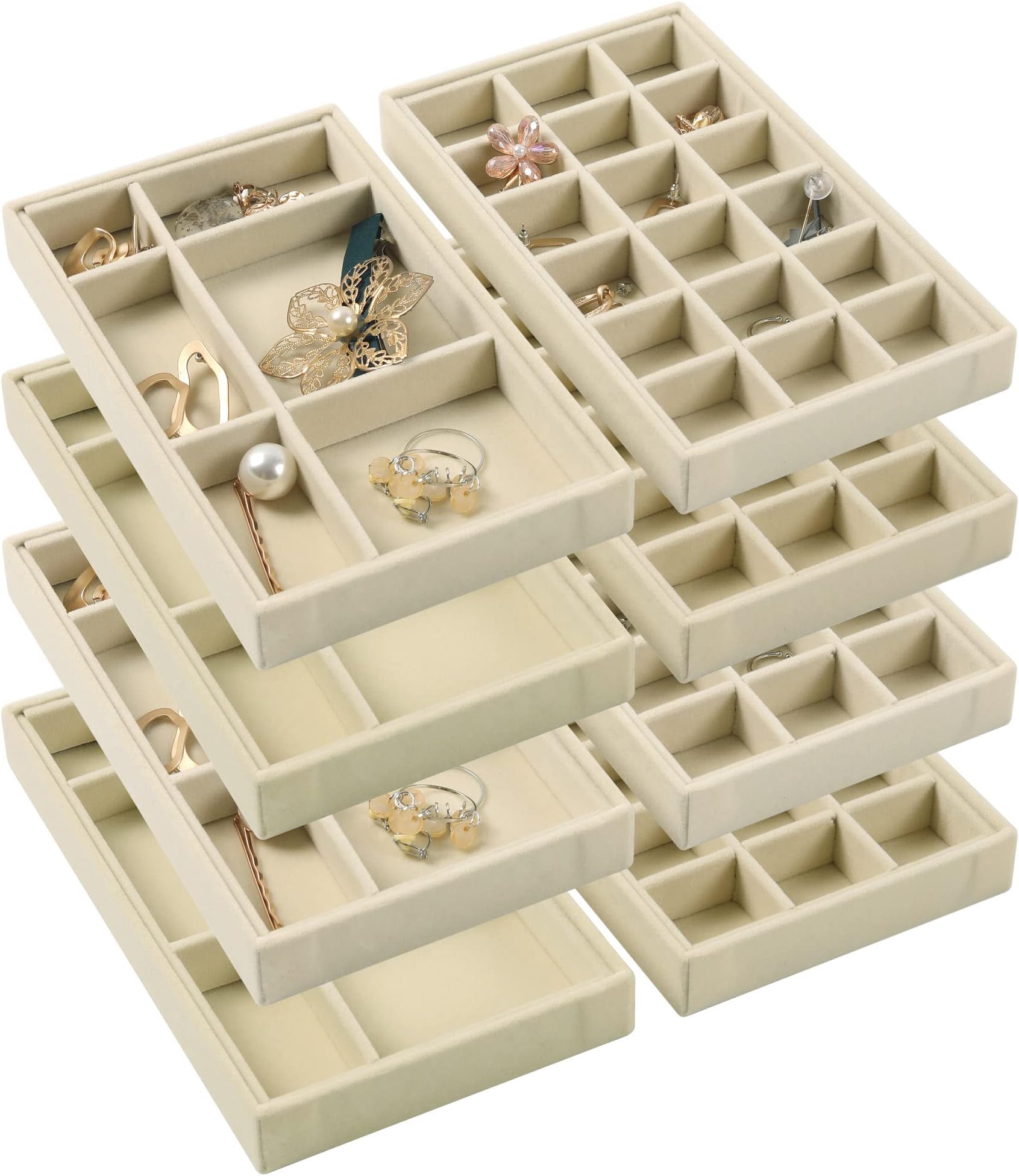 Set of 8 Stackable Velvet Jewelry Trays Organizer, Jewelry Storage Box Display Trays Showcase Holder Closet Dresser Drawer Organizer for Earring Necklace Bracelet Ring Accessary, Beige