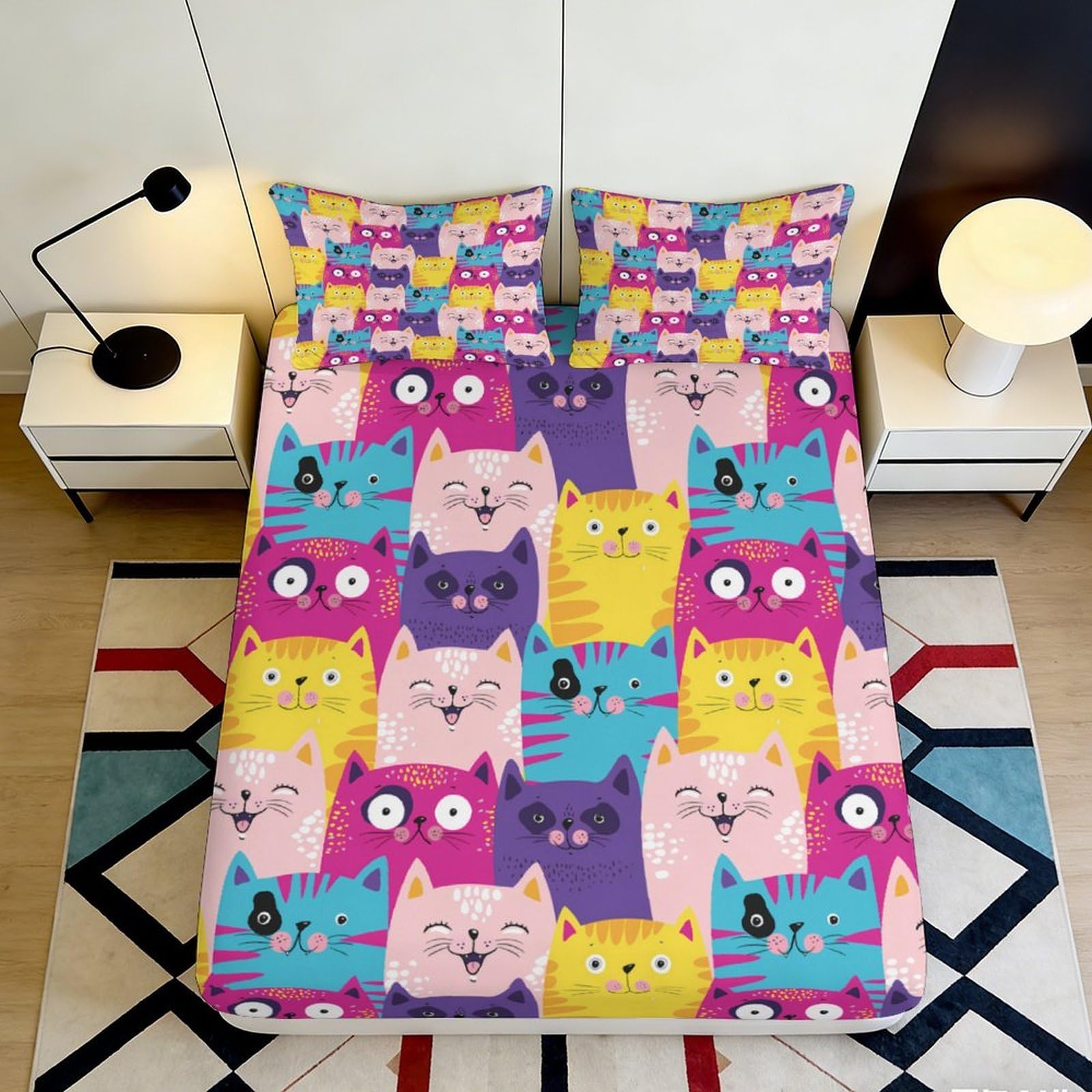 3D Printed Colorful Cartoon Cat Fitted Sheet Microfiber Soft Bedroom Decor Youth Dorm Mattress Cover 90x200x25cm