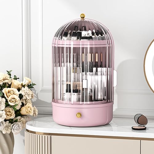 Miniatura 5 de Organizador de maquillaje para tocador, almacenamiento de maquillaje giratorio con cubierta y cajón, organizador grande de cosméticos para el