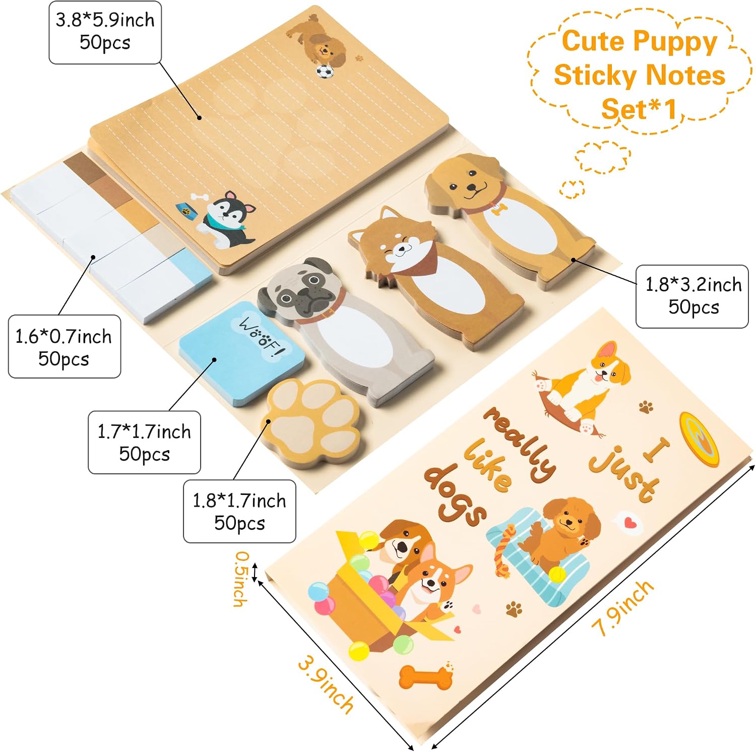 Xqumoi I Just Really Like Dogs Sticky Notes Set, 550 Sheets, Cute Cartoon Puppy Self-Stick Notes Pads Animal Divider Tabs Bundle Writing Memo Pads Back to School Office Supplies Small Gift image 2
